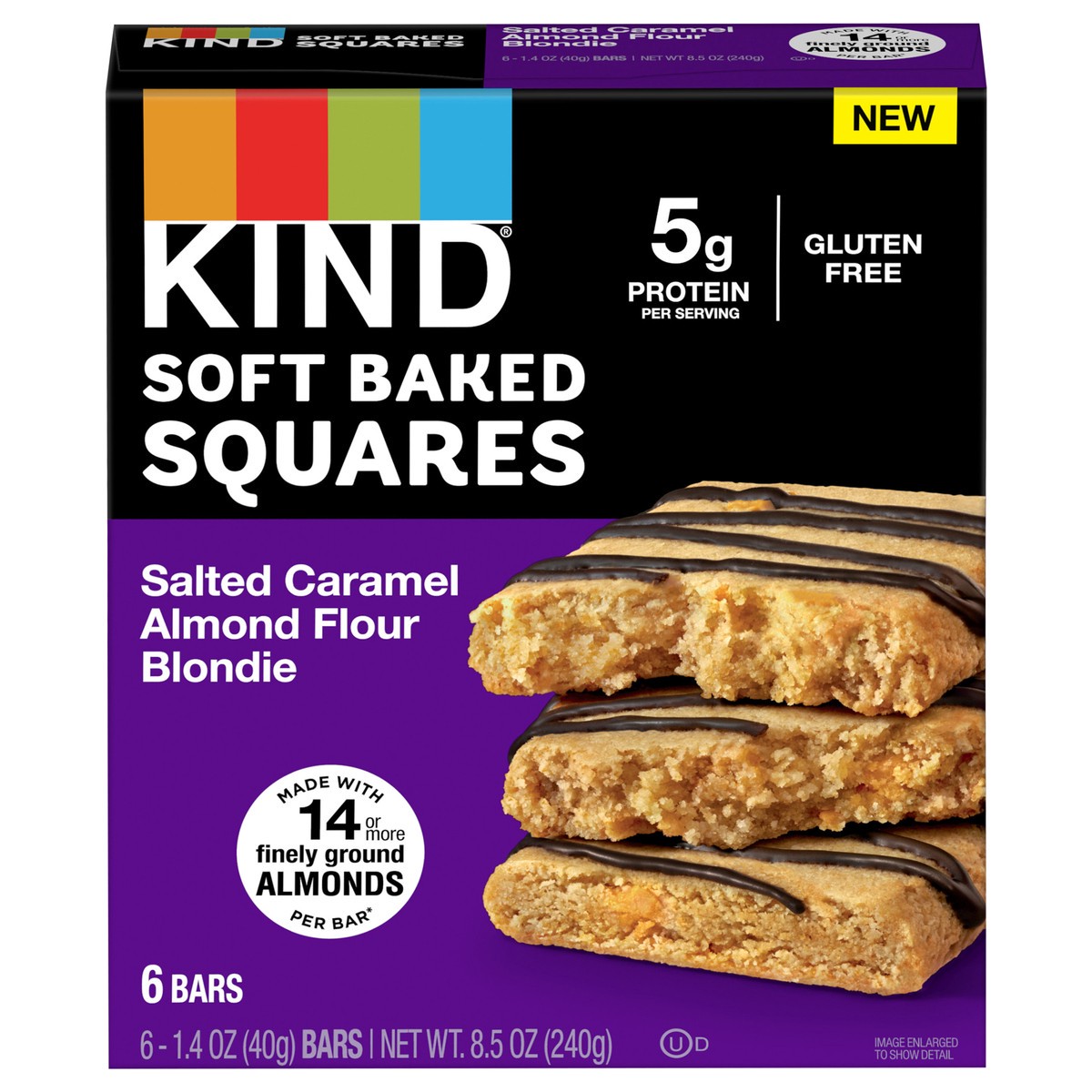 slide 1 of 4, KIND Soft Baked Squares, Salted Caramel Almond Flour Blondie, Gluten Free Snacks, 8.5oz Box (6 Bars), 6 ct