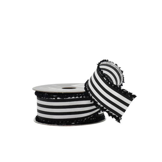 slide 1 of 3, 1.5" X 10yd. Black & White Striped Wired Grosgrain Ribbon By Celebrate It Halloween, 1.5 in x 10 yd