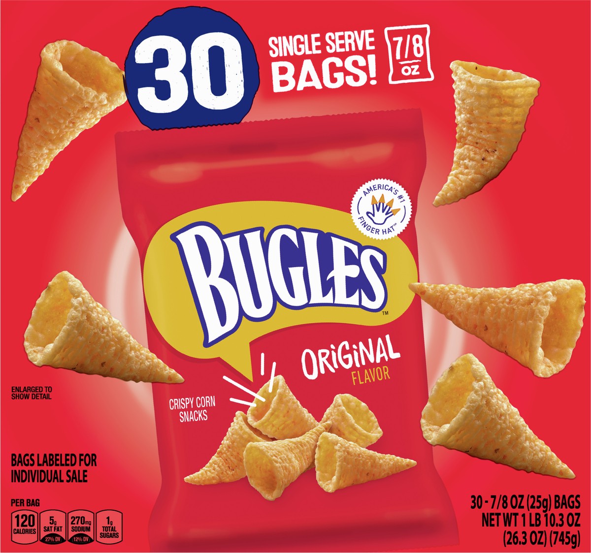 slide 2 of 9, Bugles Original Crispy Corn Snacks, Bulk Snack Bags, 30 Ct, 26.3 oz, 30 ct