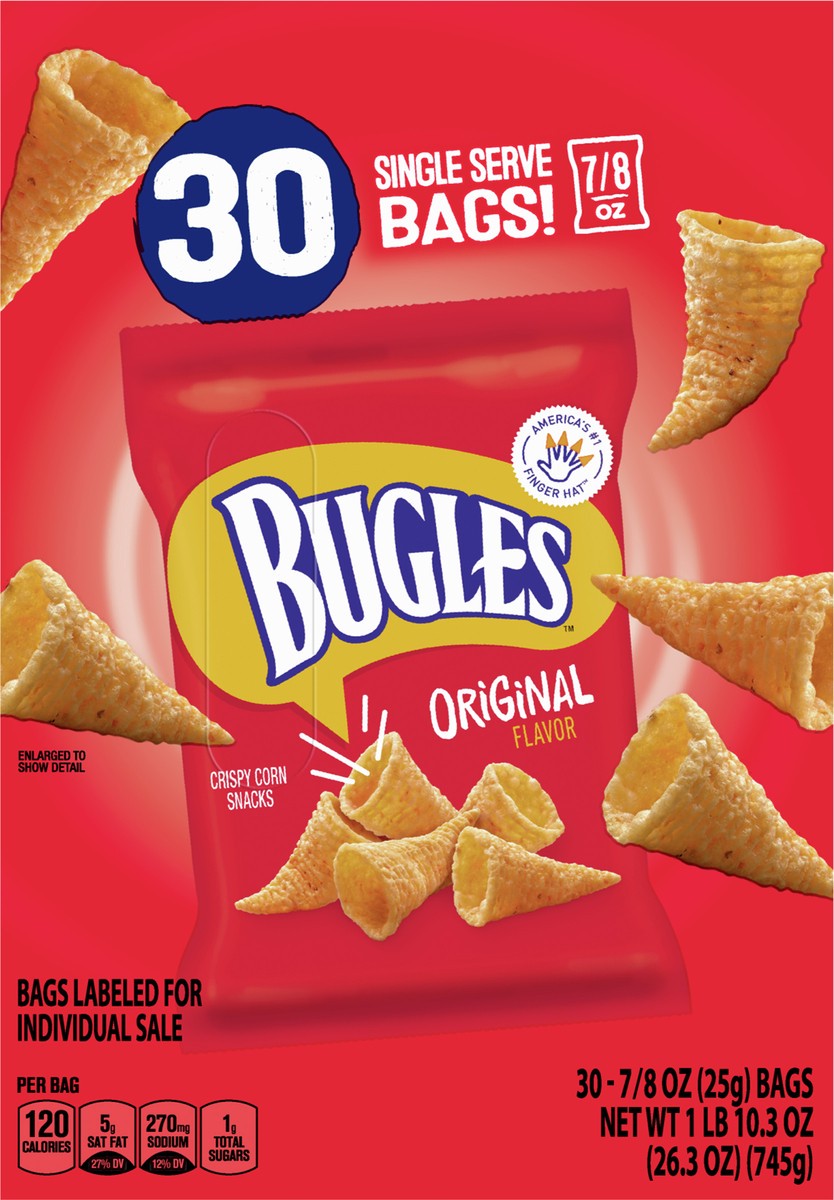 slide 8 of 9, Bugles Original Crispy Corn Snacks, Bulk Snack Bags, 30 Ct, 26.3 oz, 30 ct
