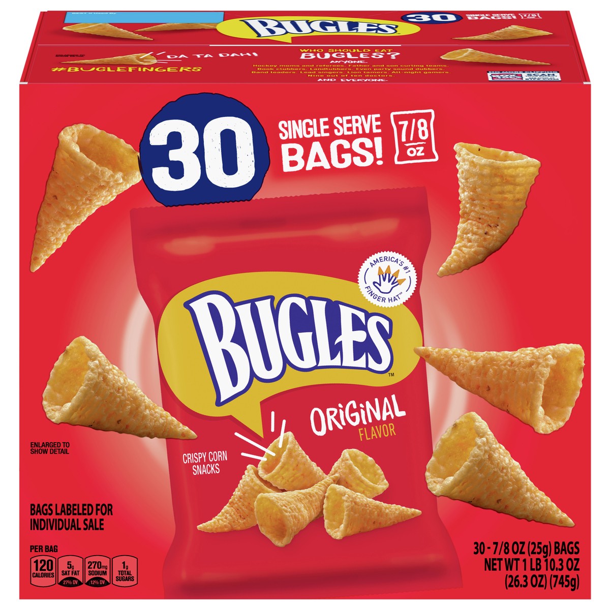 slide 1 of 9, Bugles Original Crispy Corn Snacks, Bulk Snack Bags, 30 Ct, 26.3 oz, 30 ct