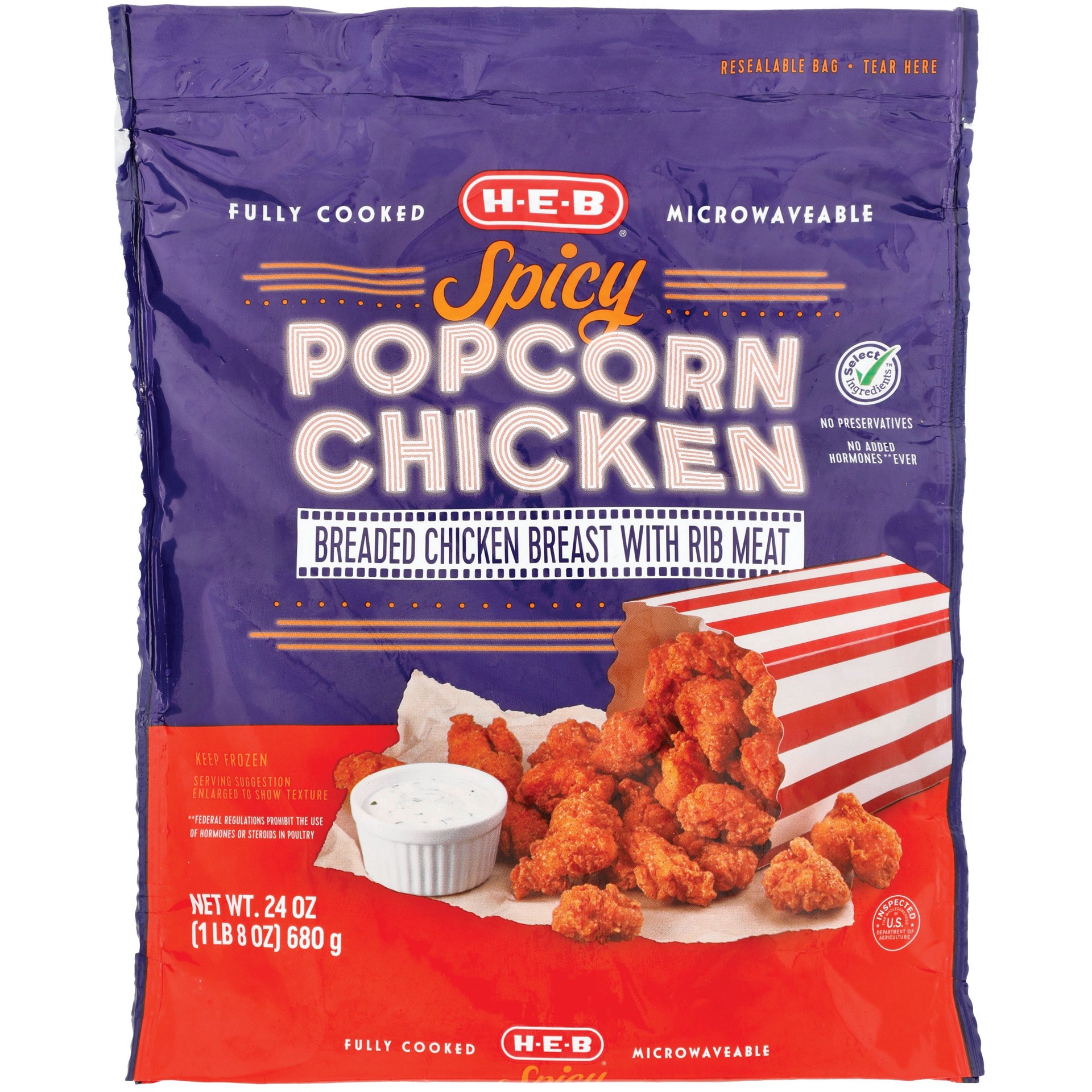 slide 1 of 1, H-E-B Fully Cooked Frozen Spicy Popcorn Chicken, 24 oz