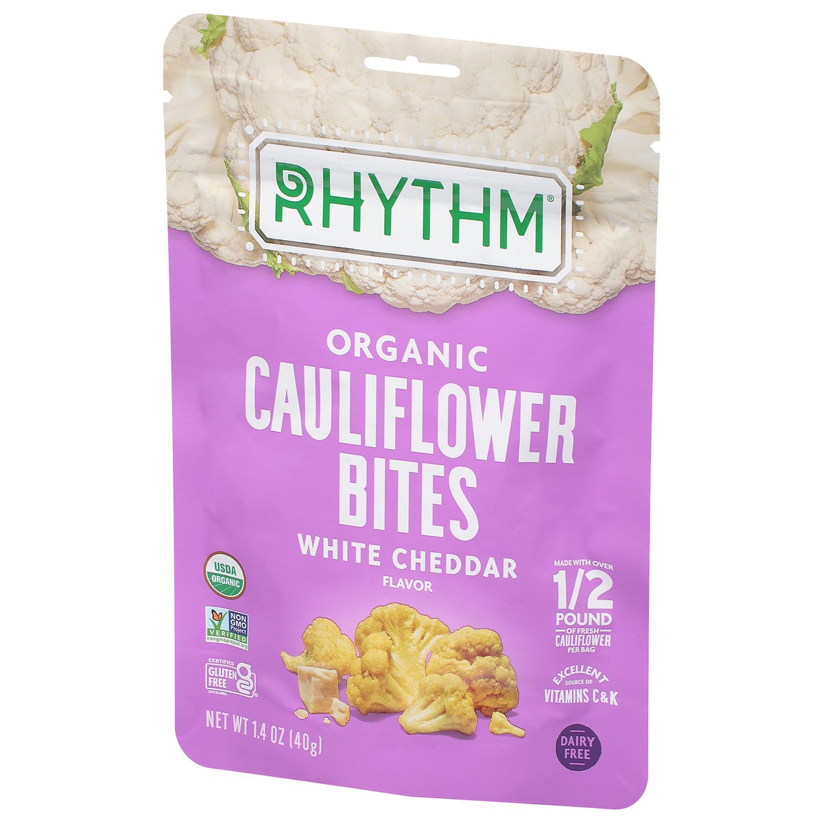 slide 2 of 9, Rhythm Organic White Cheddar Flavor Cauliflower Bites 1.4 oz, 1.4 oz