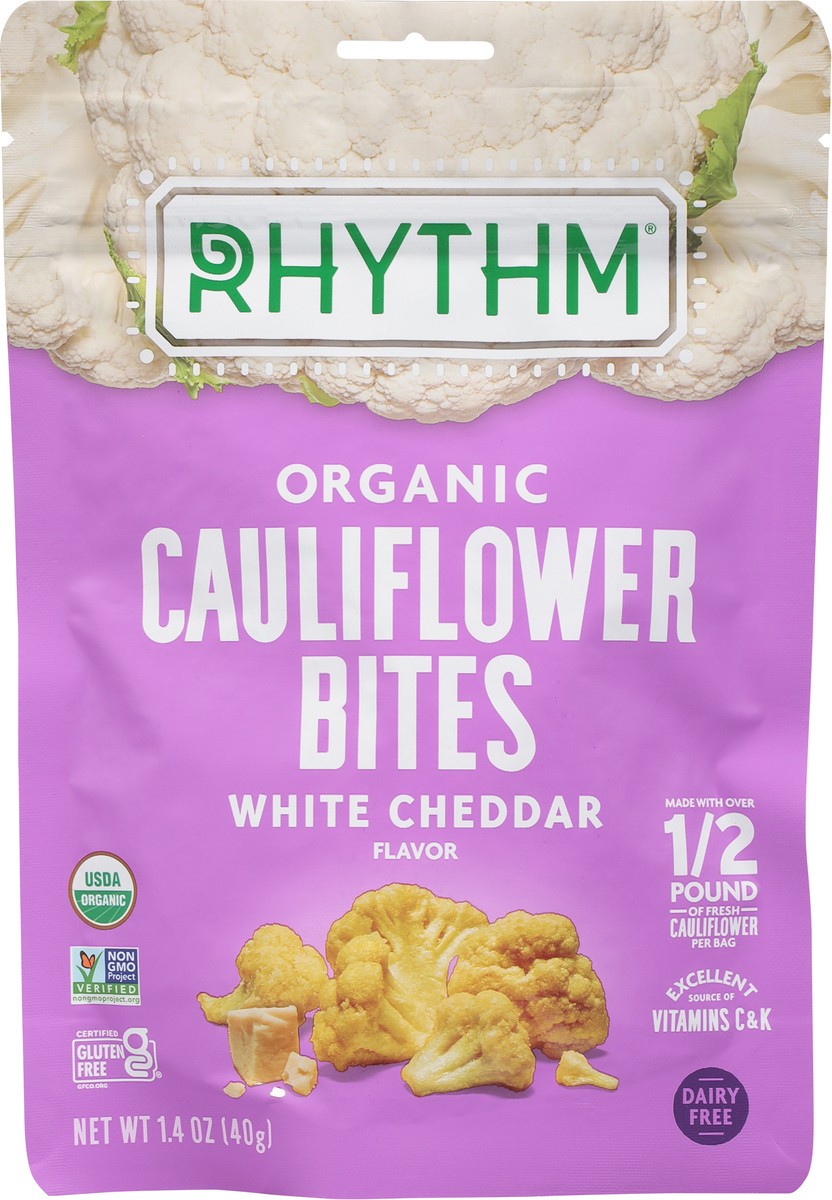 slide 3 of 9, Rhythm Organic White Cheddar Flavor Cauliflower Bites 1.4 oz, 1.4 oz