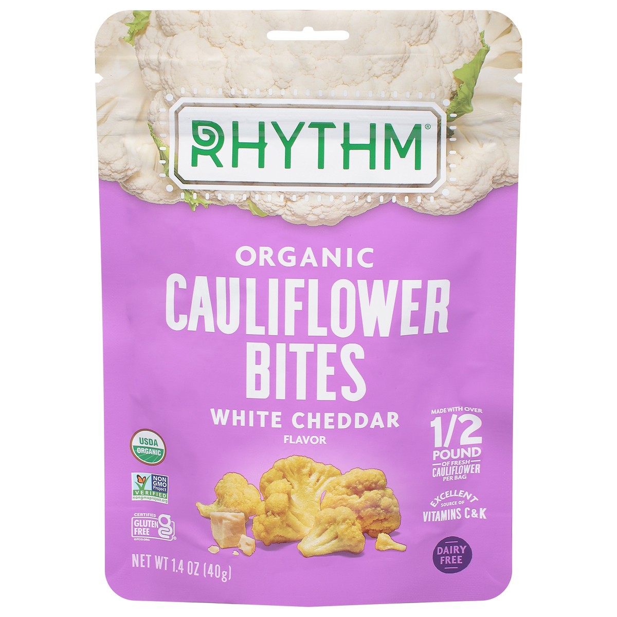 slide 1 of 9, Rhythm Organic White Cheddar Flavor Cauliflower Bites 1.4 oz, 1.4 oz