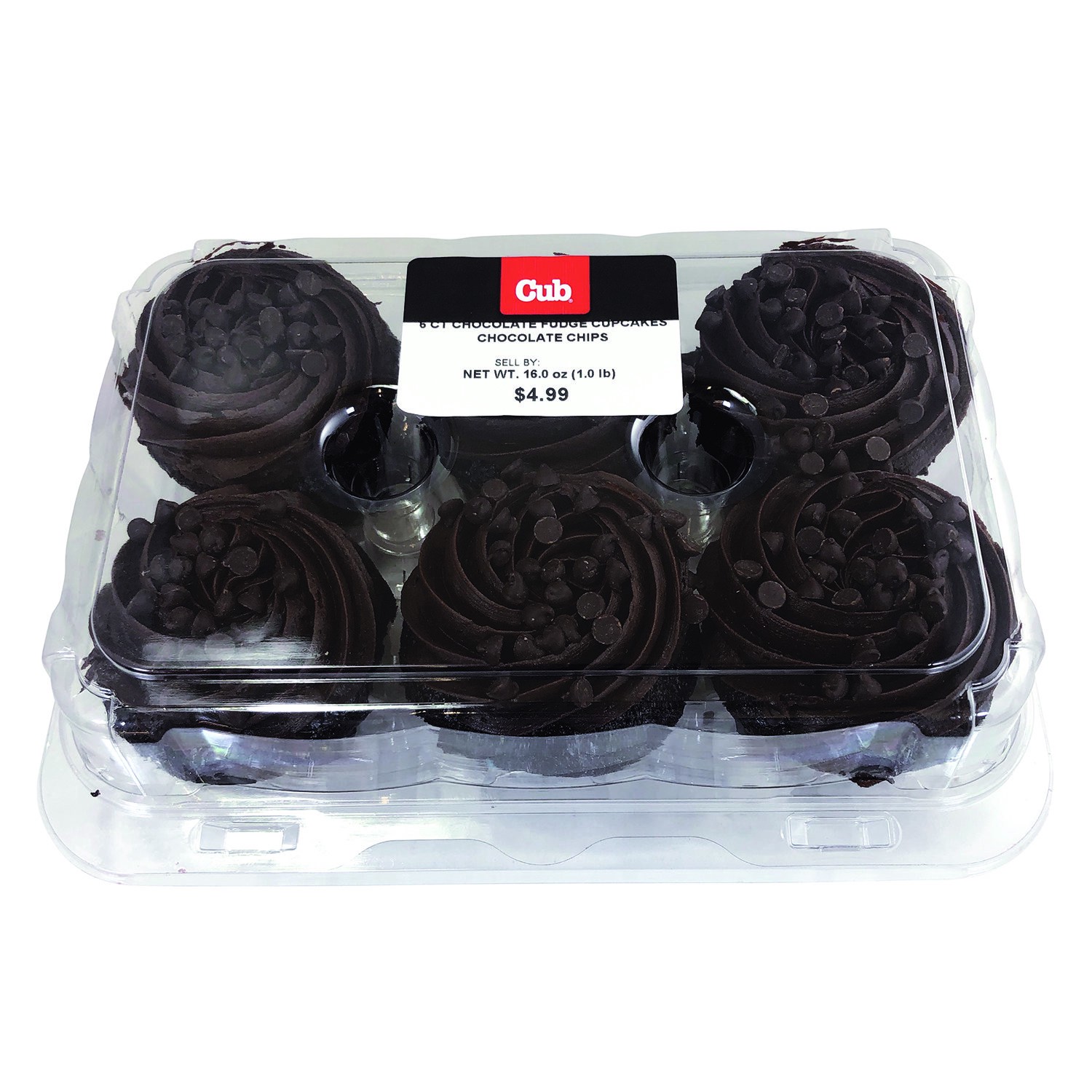 slide 1 of 1, Cub Bakery 6 Ct Chocolate Fudge Cupcakes Chocolate Chips, 1 Each, 1 ct