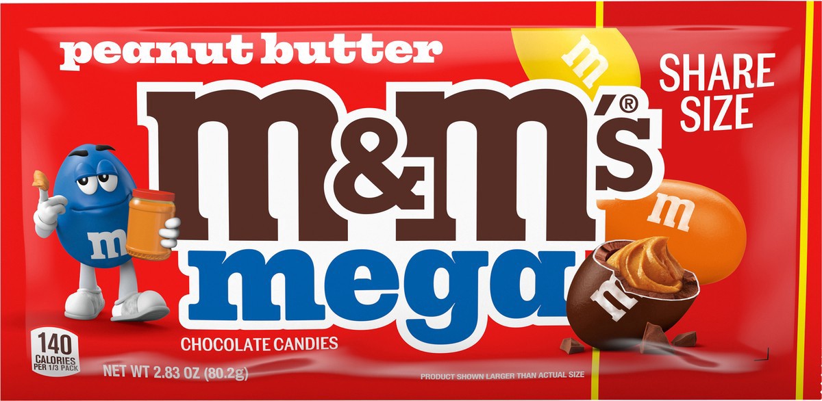 slide 7 of 10, M&M'S Mega Peanut Butter Chocolate Candy, Share Size, 2.83 Oz Pack, 2.83 oz