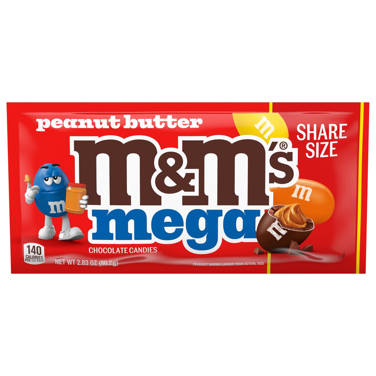 slide 1 of 10, M&M'S Mega Peanut Butter Chocolate Candy, Share Size, 2.83 Oz Pack, 2.83 oz