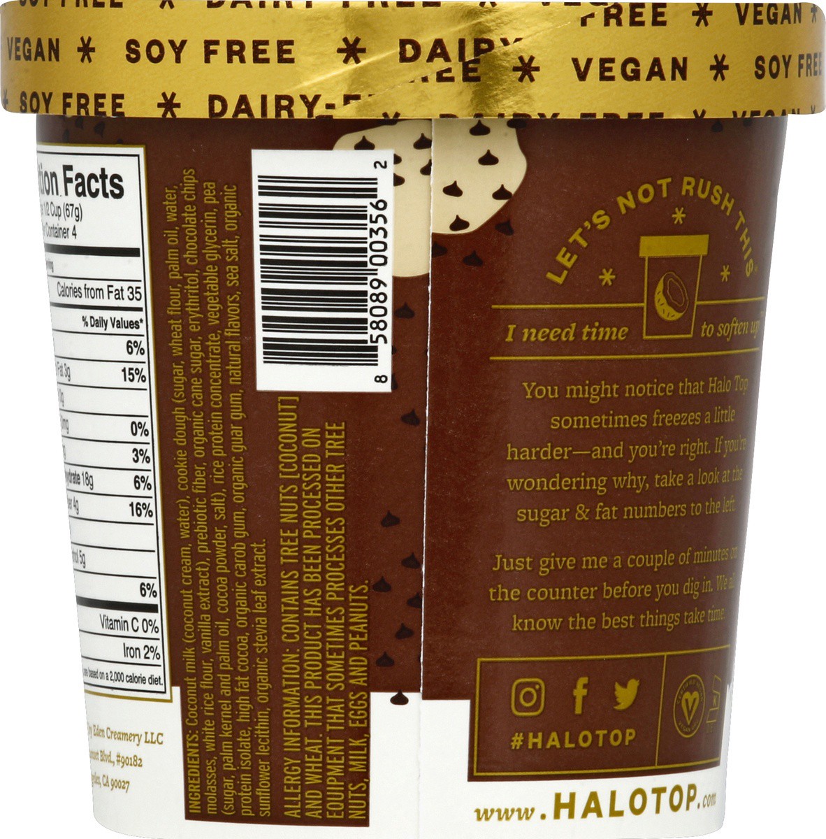 slide 2 of 7, Halo Top Creamery Dairy-Free & Soy-Free Vegan Chocolate Chip Cookie Dough Frozen Dessert, 16 fl oz