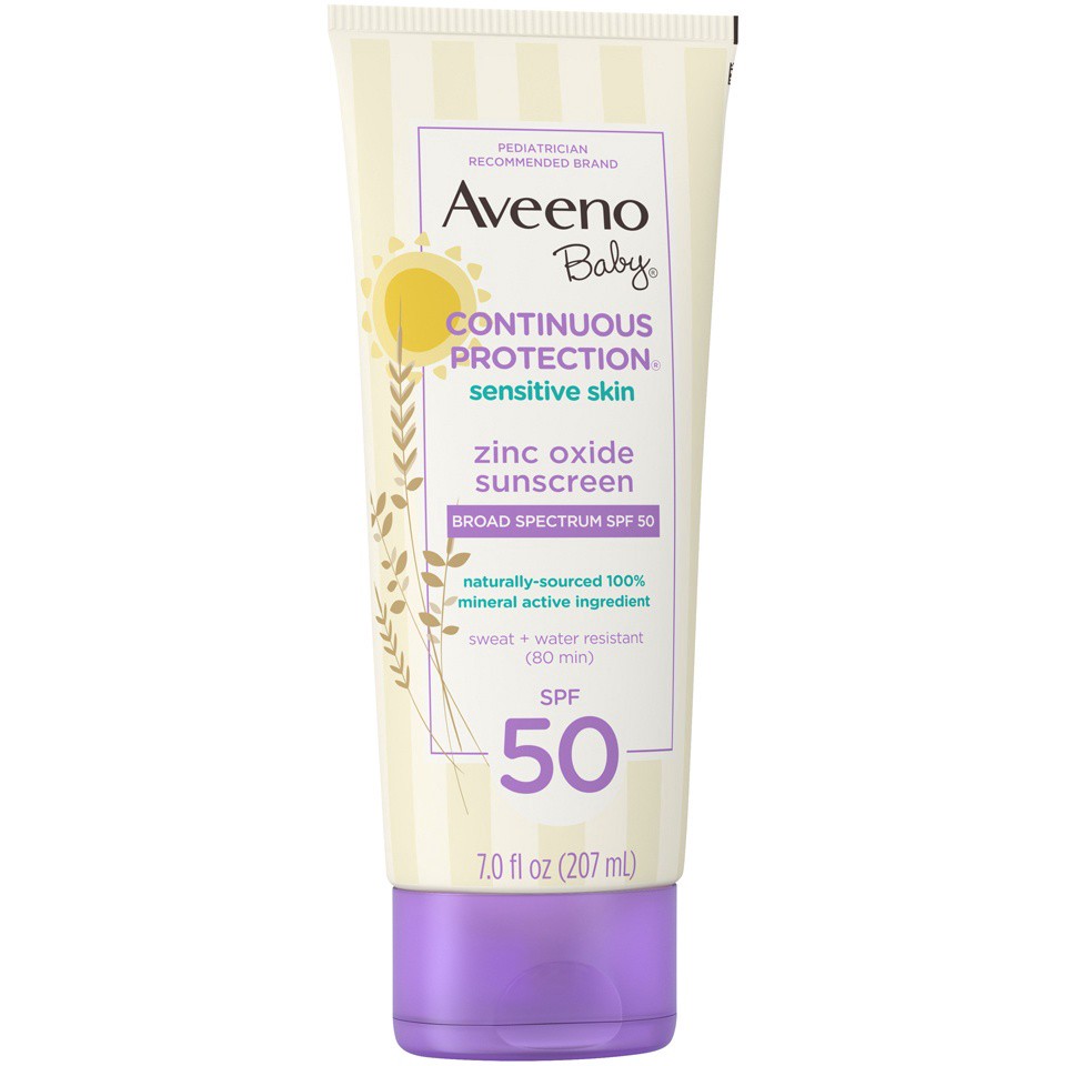 slide 2 of 11, Aveeno Baby Continuous Protection Sensitive Skin Zinc Oxide SPF 50 Sunscreen, 7 oz