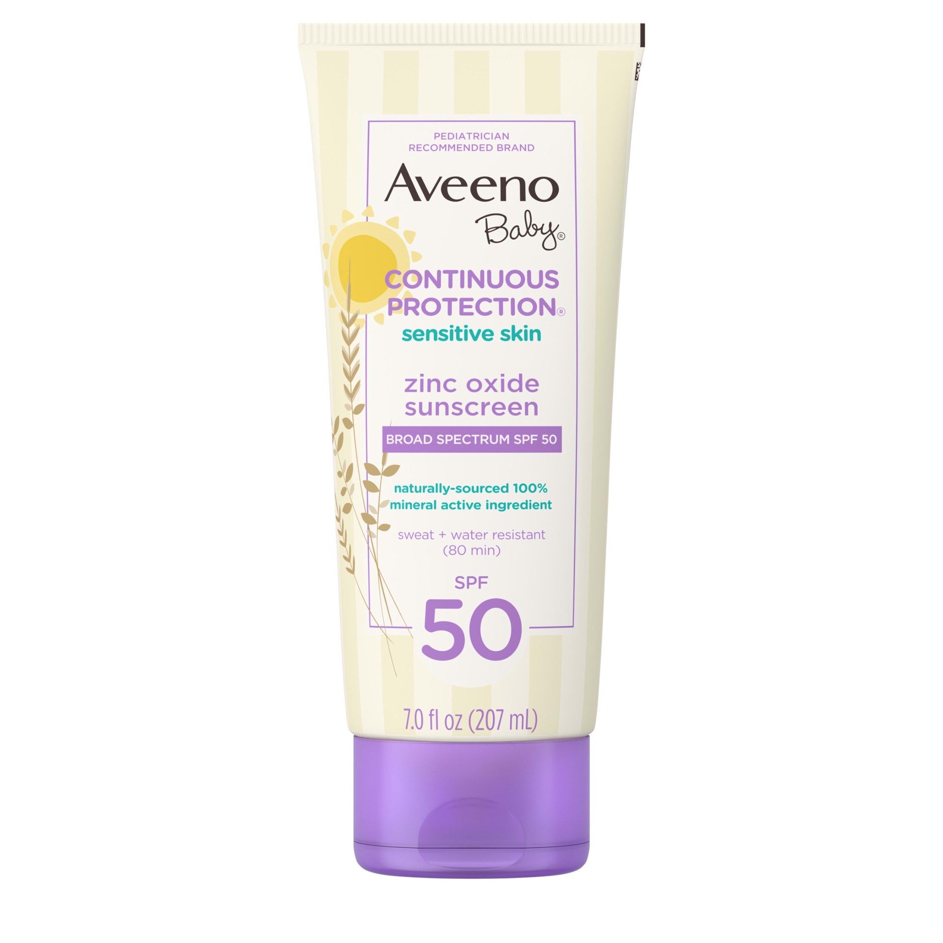 slide 1 of 11, Aveeno Baby Continuous Protection Sensitive Skin Zinc Oxide SPF 50 Sunscreen, 7 oz