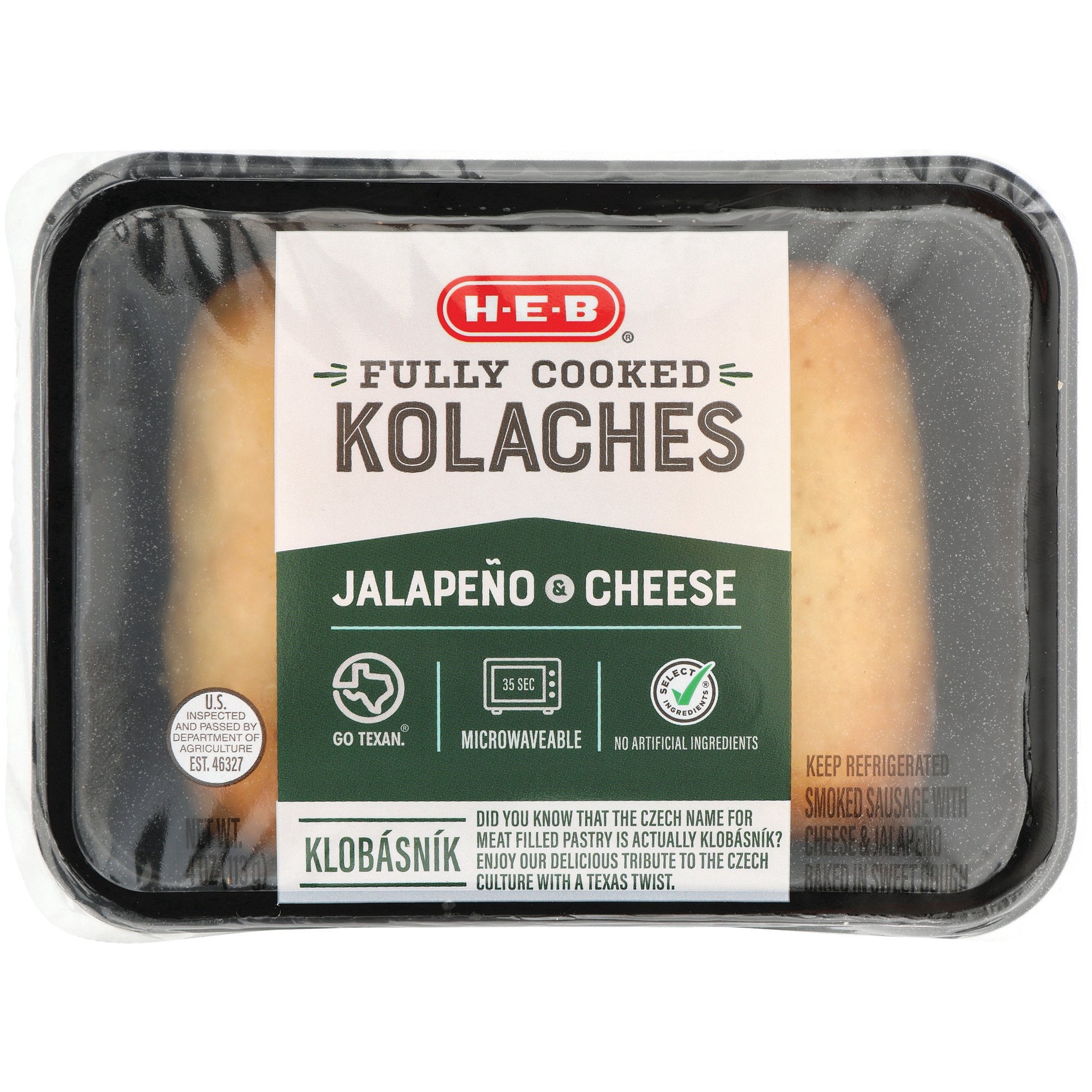 slide 1 of 1, H-E-B Fully Cooked Sausage, Cheese & Jalapeo Kolaches, 2 ct