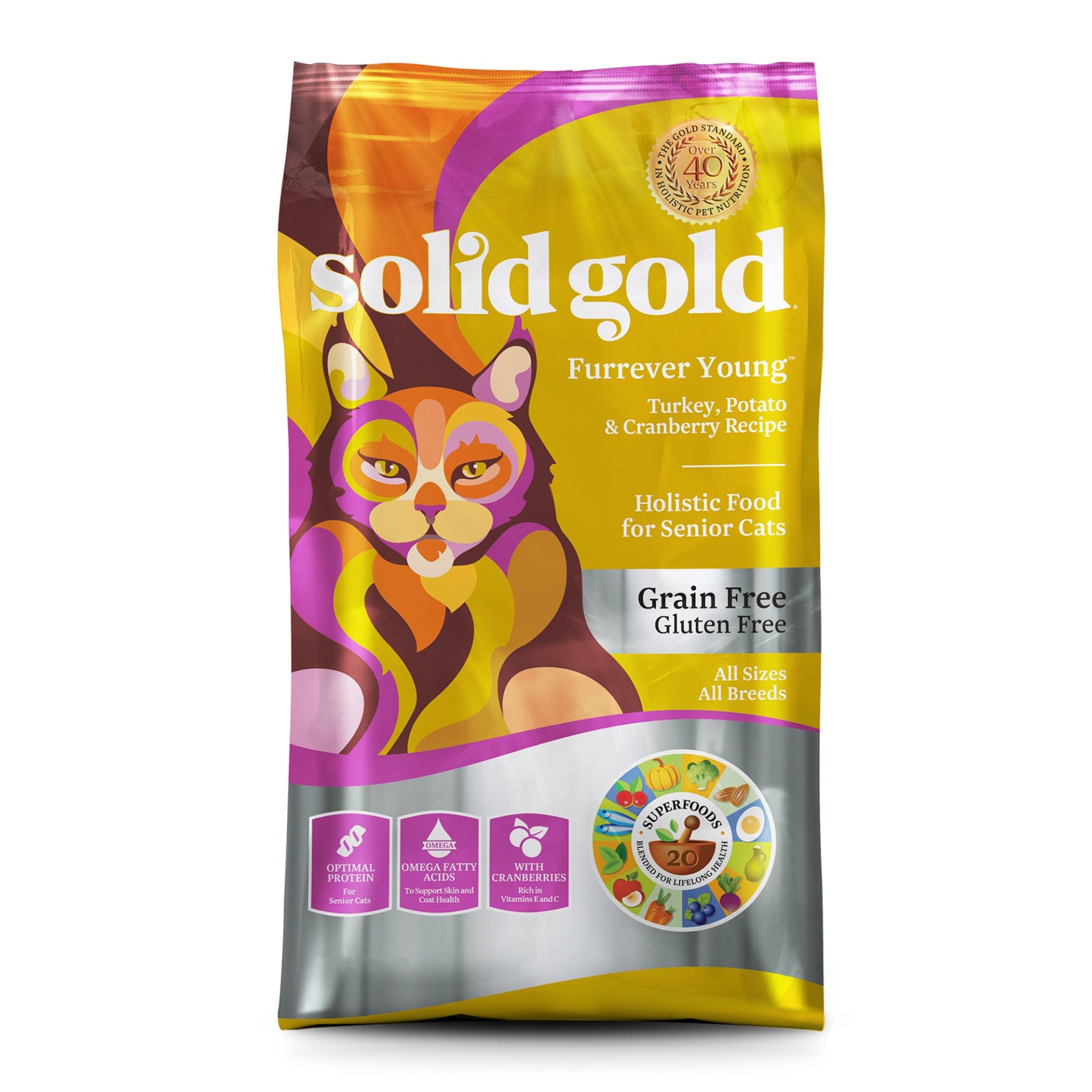 slide 1 of 1, Solid Gold Furrever Young Turkey, Potato & Cranberry Natural, Holistic Grain Free Dry Senior Cat Food With Superfoods, 6 lb