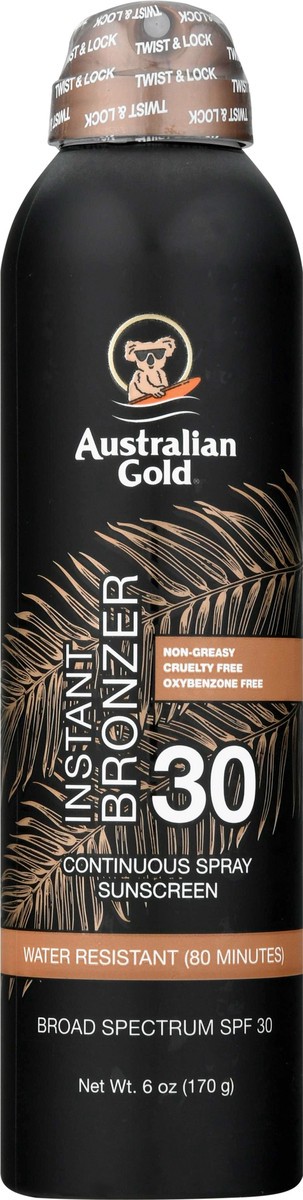 slide 3 of 12, Australian Gold Broad Spectrum SPF 30 Instant Bronzer Sunscreen Continuous Spray 6 oz, 6 oz