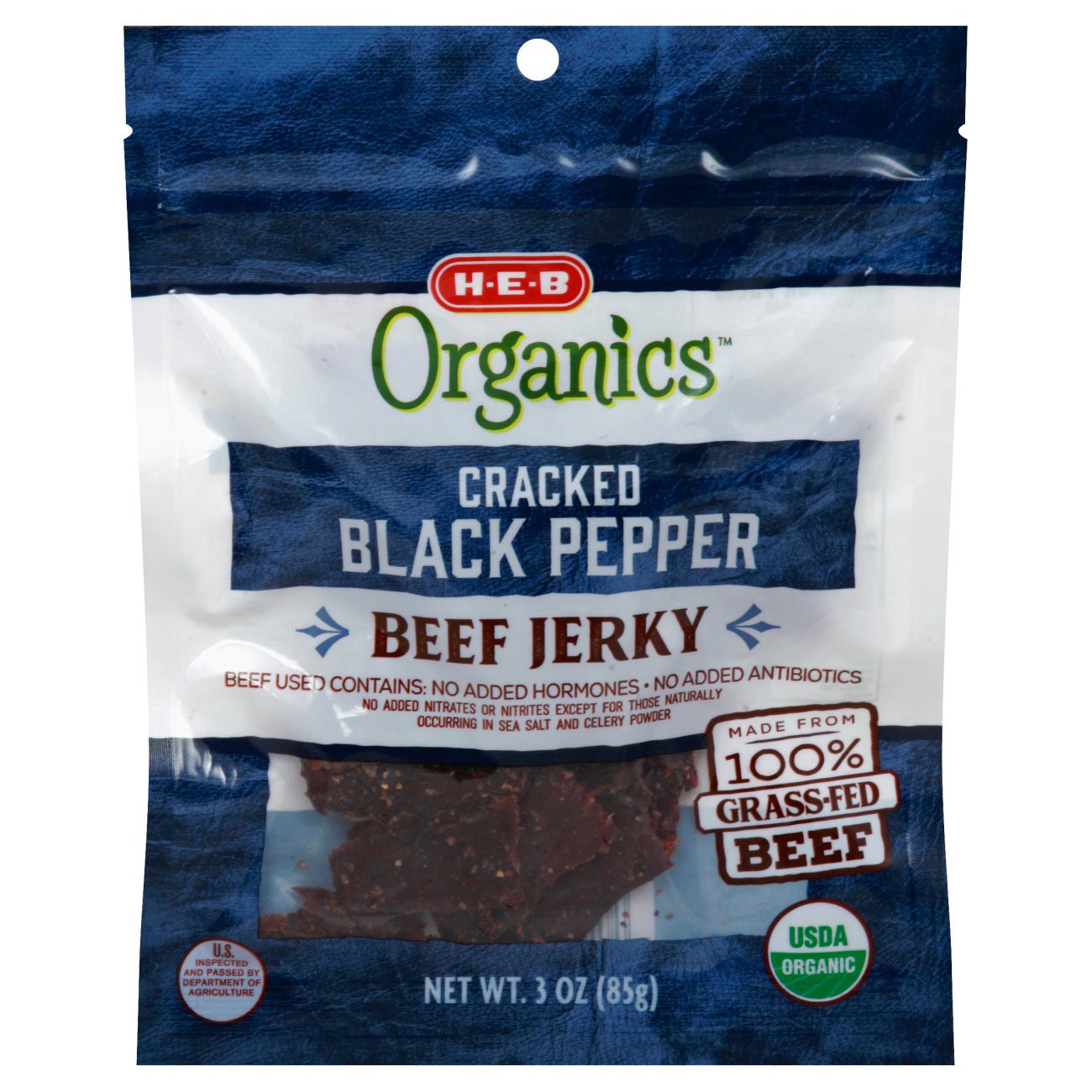 slide 1 of 1, H-E-B Organics 9g Protein Cracked Black Pepper Beef Jerky, 3 oz