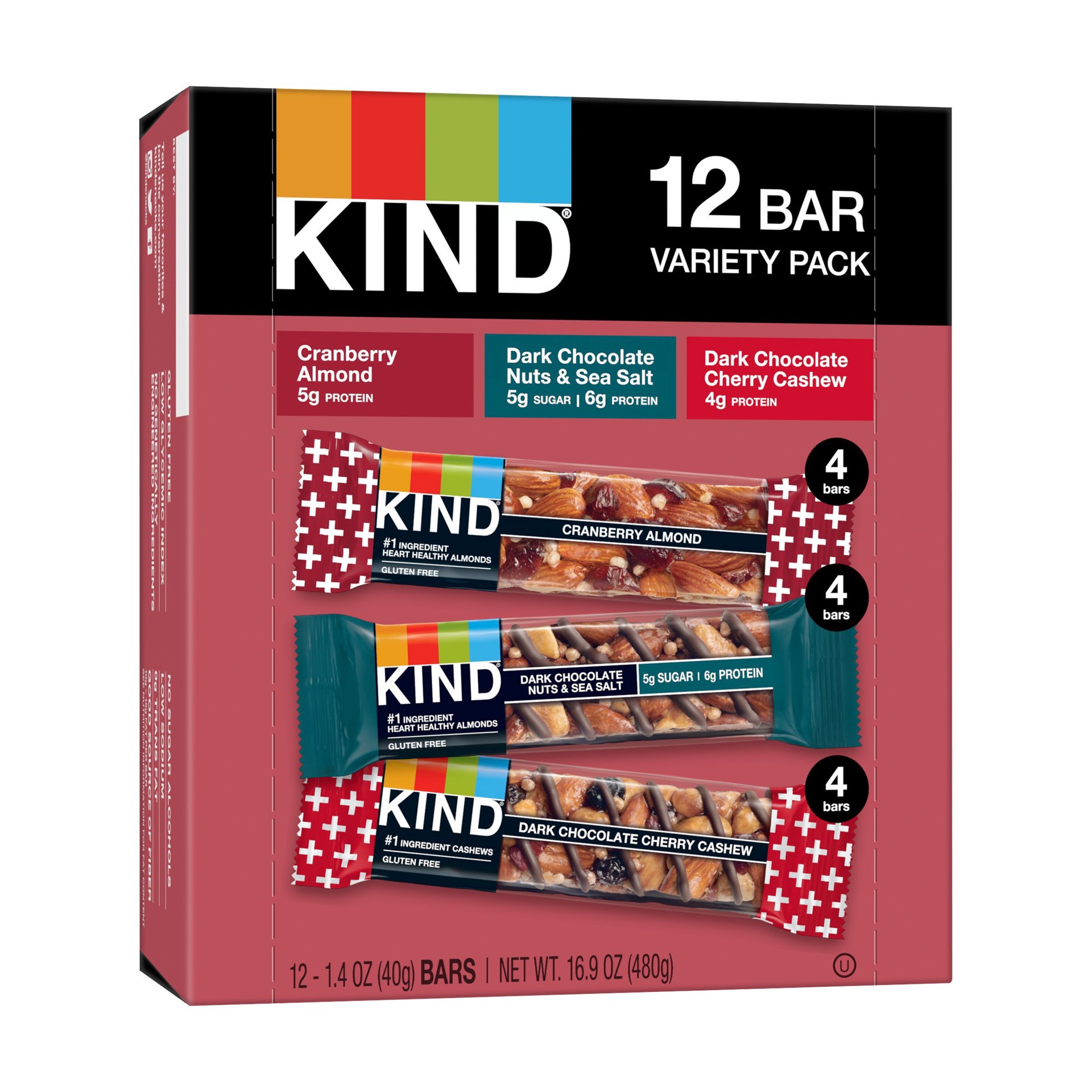 slide 1 of 1, KIND Variety Pack Dark Chocolate Cherry Cashew/Dark Chocolate Nuts & Sea Salt/Cranberry Almond Bars 12 - 1.4 oz Bars, 12 ct