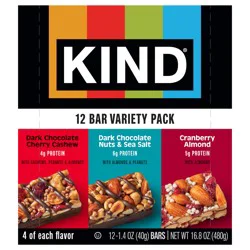 Kind Variety Pack Dark Chocolate Cherry Cashew/Dark Chocolate Nuts & Sea Salt/Cranberry Almond Bars 12 - 1.4 oz Bars