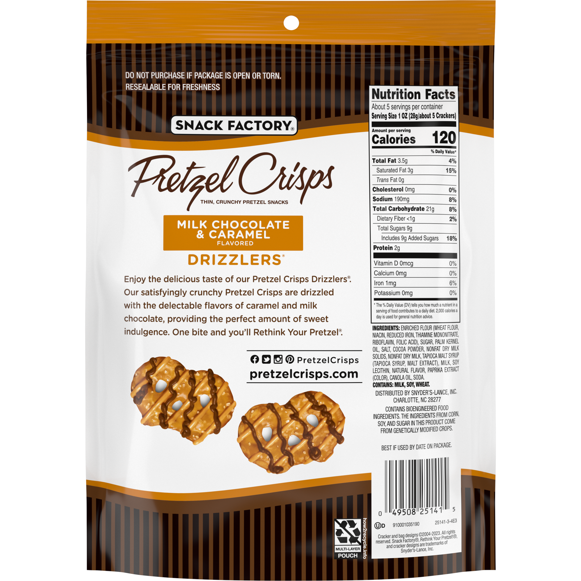 slide 5 of 5, Pretzel Crisps Snack Factory Pretzel Crisps Drizzlers Milk Chocolate & Caramel Drizzled Pretzels - 5.5oz, 5 oz