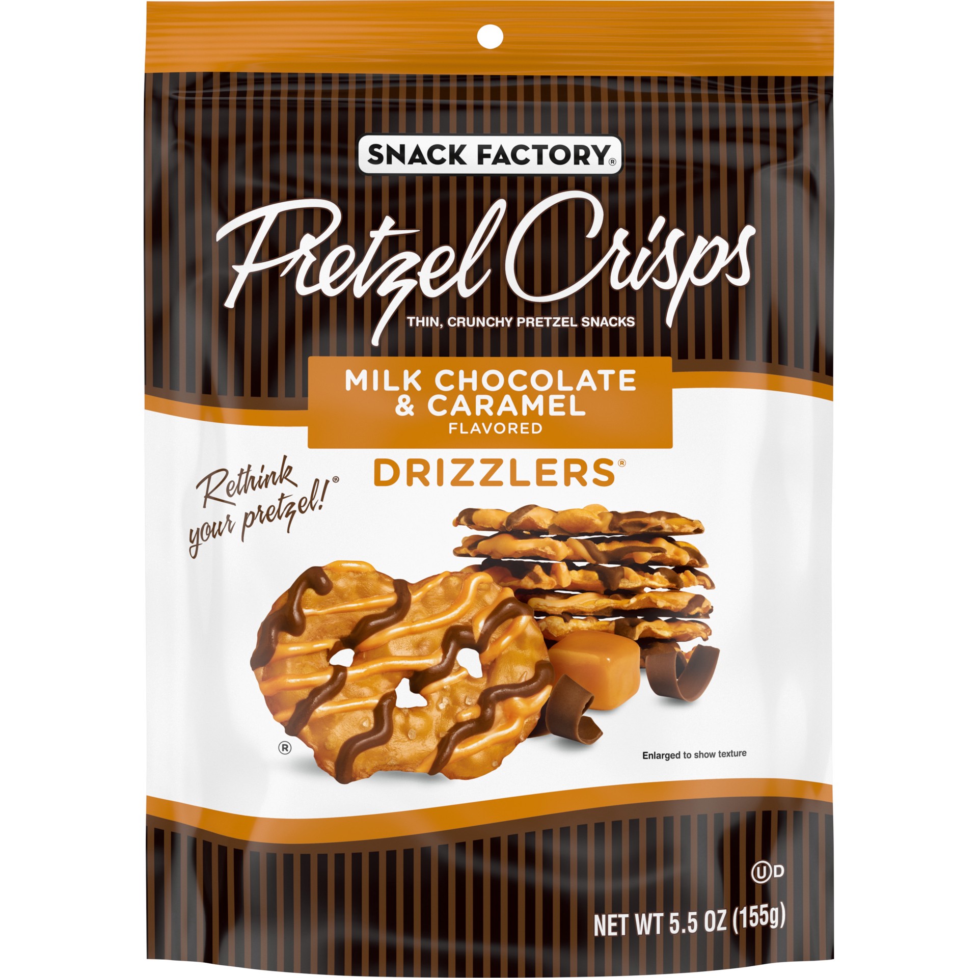 slide 1 of 5, Snack Factory Milk Chocolate & Caramel Drizzled Pretzel Crisps, 5.5 oz