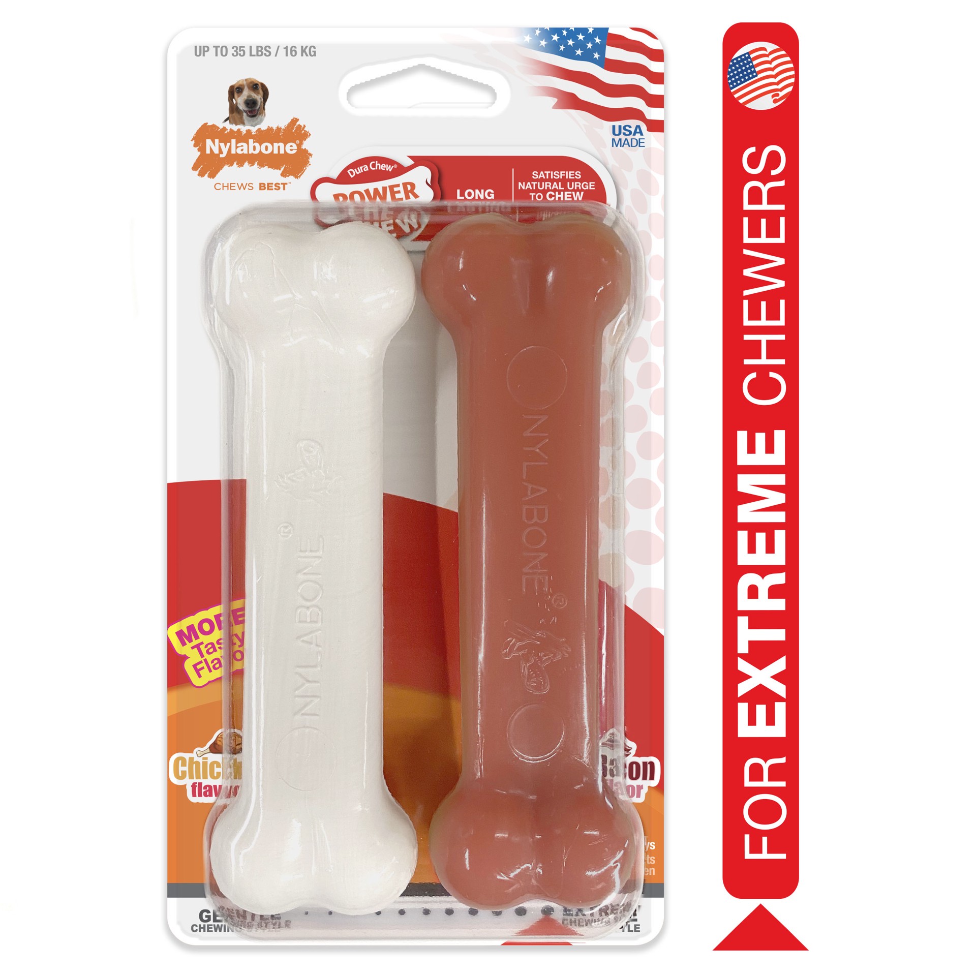 slide 5 of 10, Nylabone Power Chew Bacon & Chicken Durable Dog Chew Toy Pack Medium/Wolf - Up to 35 lbs.(2 Count), 2 ct