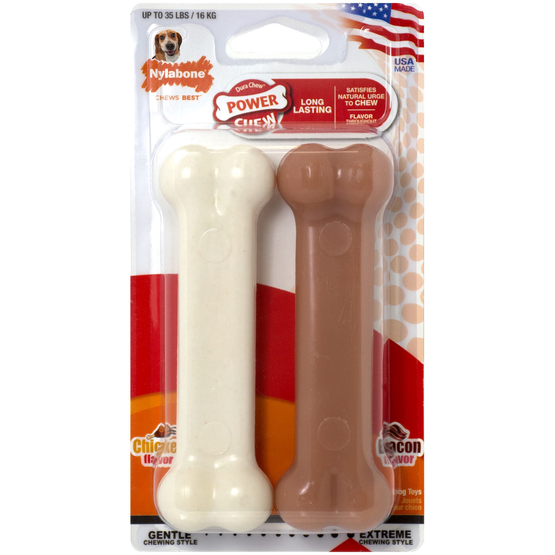 slide 1 of 10, Nylabone Power Chew Bacon & Chicken Durable Dog Chew Toy Pack Medium/Wolf - Up to 35 lbs.(2 Count), 2 ct