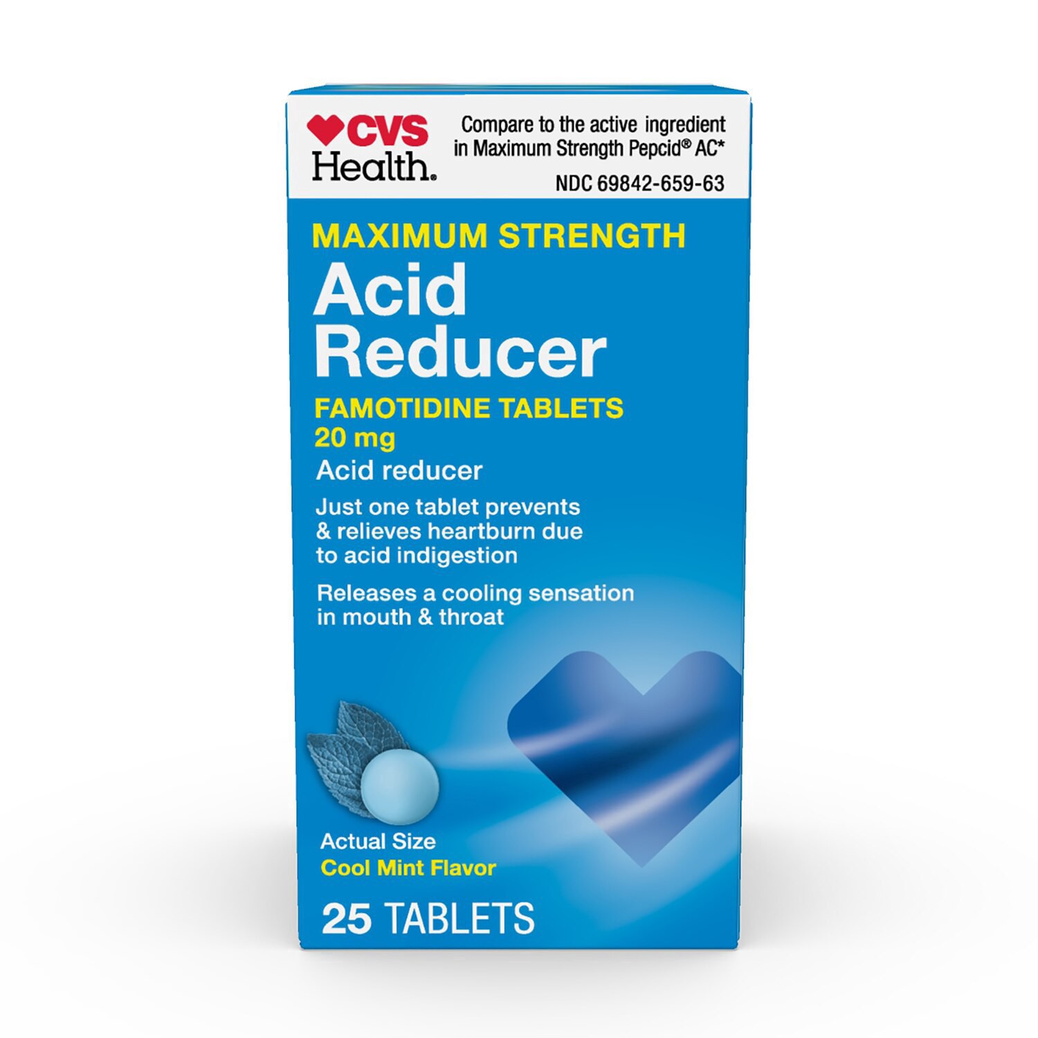slide 1 of 1, CVS Health Maximum Strength Acid Reducer Famotidine Tablets, 20 Mg, Cool Mint Flavor, 25 Ct, 25 ct