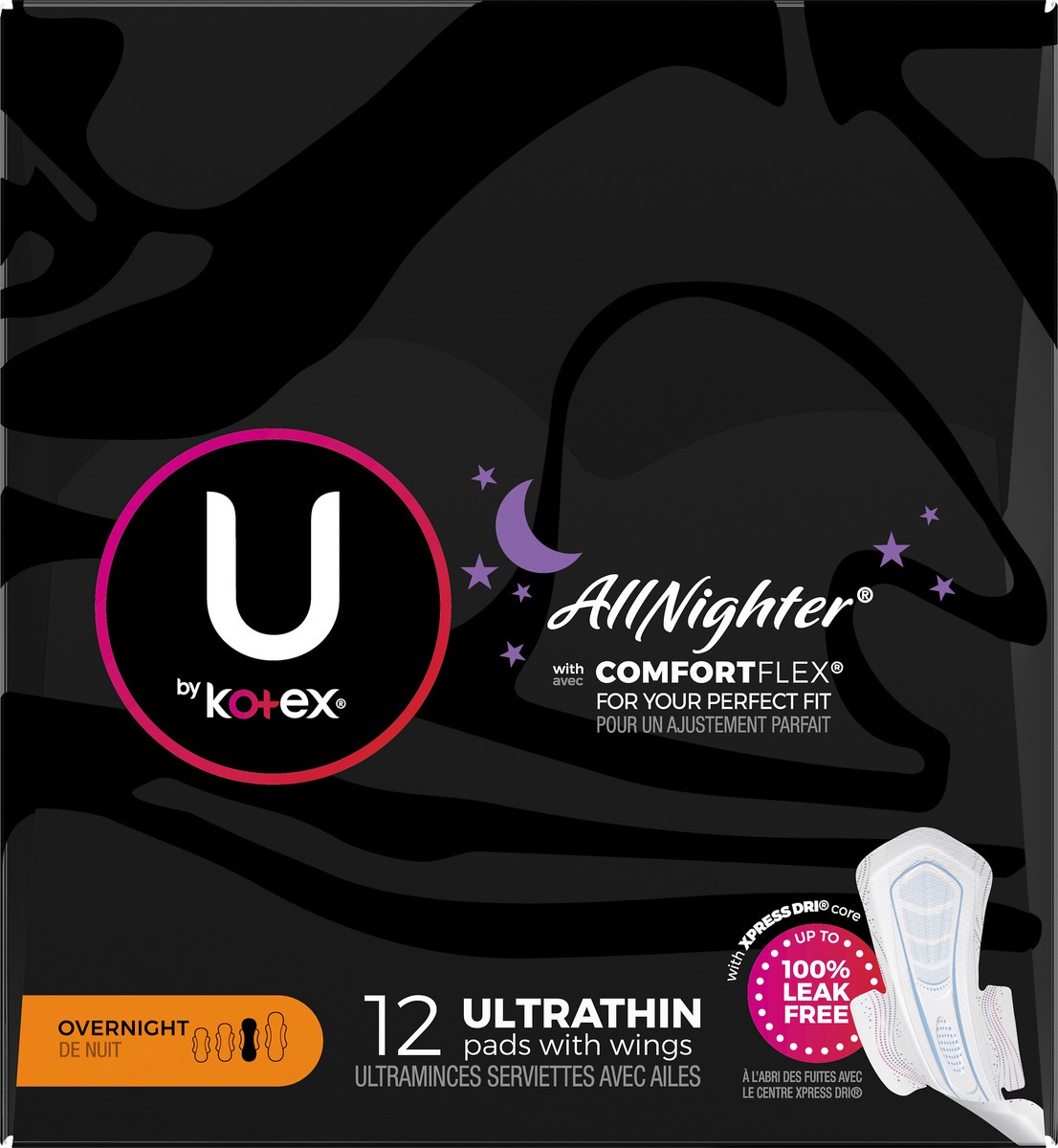 slide 6 of 9, U by Kotex AllNighter Ultrathin Overnight Pads 12 ea, 12 ct