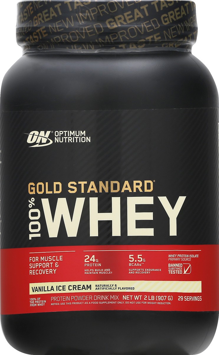 slide 8 of 13, Optimum Nutrition Gold Standard 100% Whey Vanilla Ice Cream Protein Powder 2 lb, 2 lb