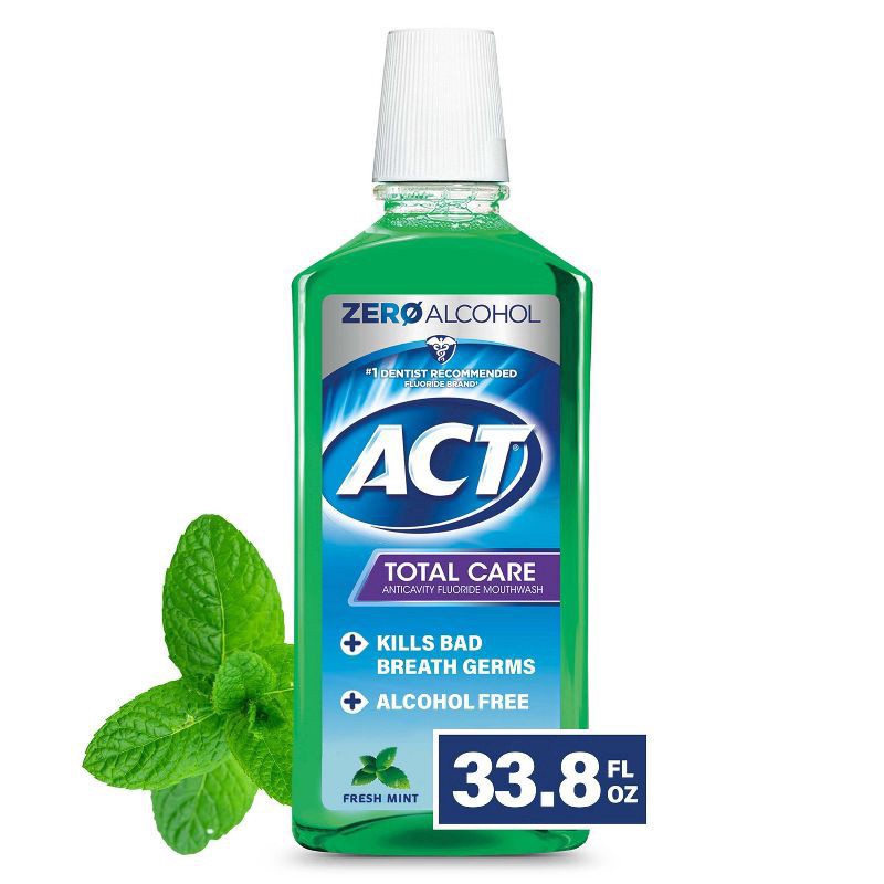slide 1 of 9, ACT Total Care Fresh Mint Anticavity Fluoride Mouthwash, 33.8 fl oz