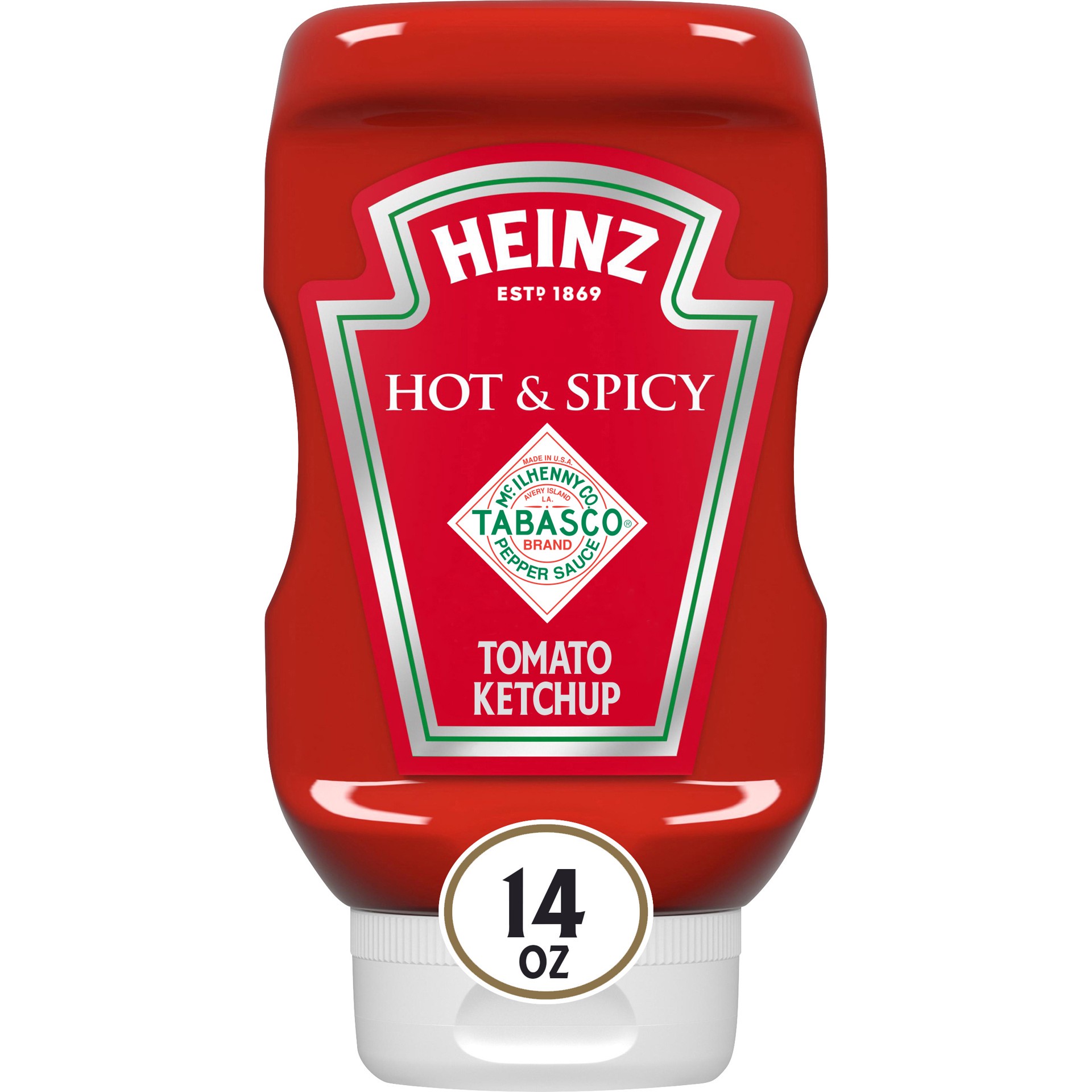 slide 1 of 9, Heinz Hot & Spicy Tomato Ketchup Blended with TABASCO Brand Pepper Sauce, 14 oz Bottle, 14 oz