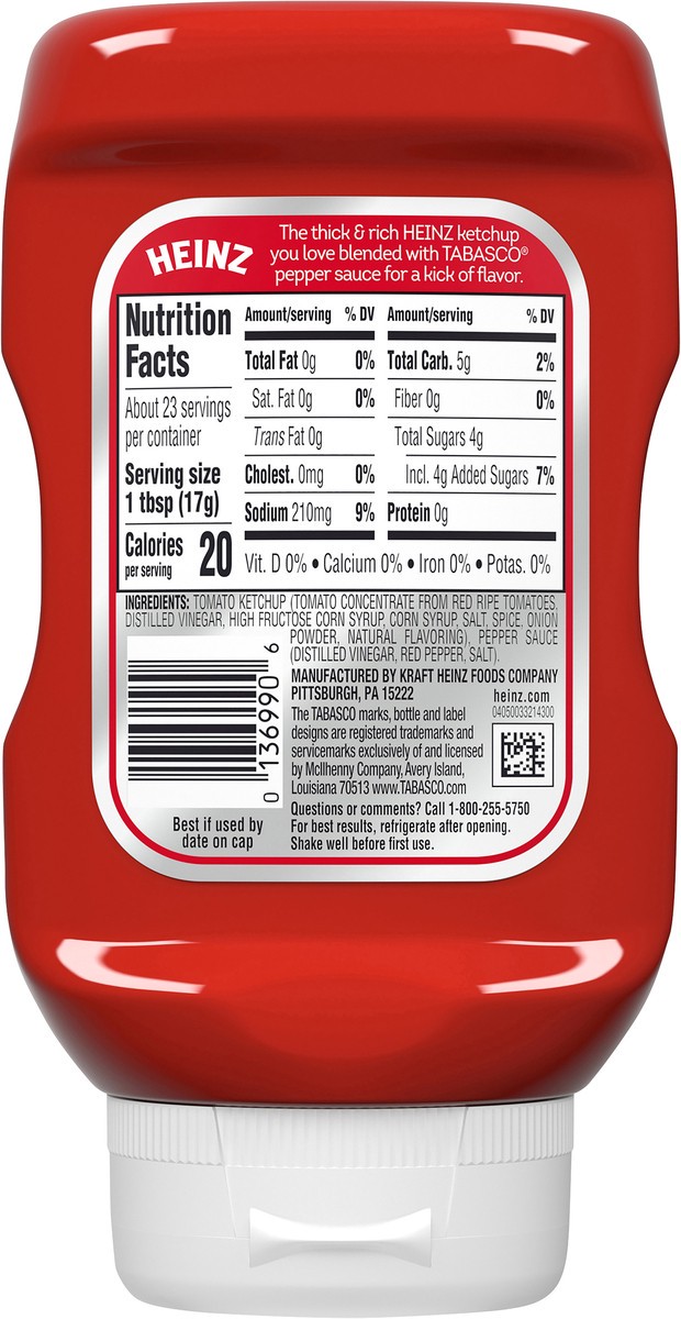 slide 8 of 9, Heinz Hot & Spicy Tomato Ketchup Blended with TABASCO Brand Pepper Sauce, 14 oz Bottle, 14 oz