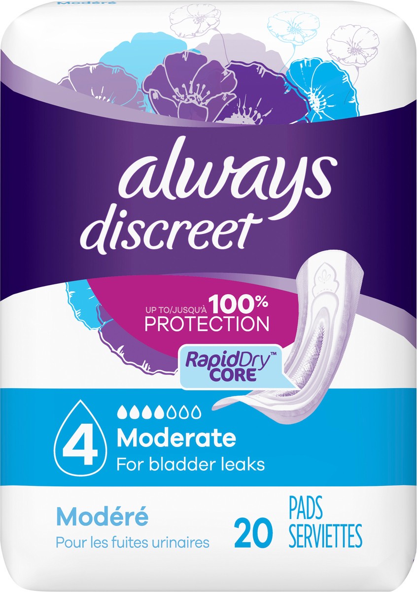 slide 2 of 2, Always Discreet Adult Incontinence Pads for Women, Moderate Absorbency, Regular Length, Postpartum Pads, 20 CT, 20 ct