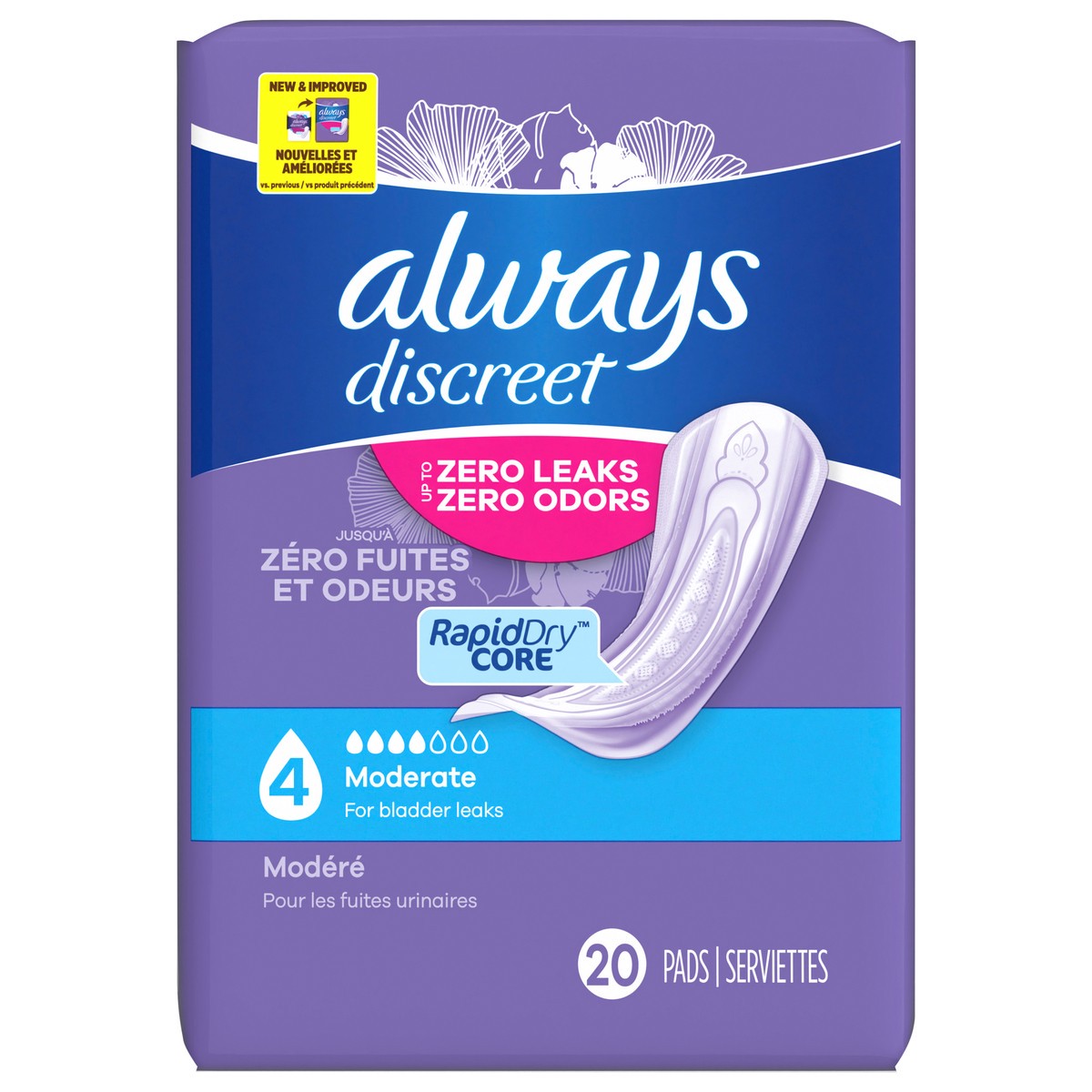 slide 1 of 2, Always Discreet Adult Incontinence Pads for Women, Moderate Absorbency, Regular Length, Postpartum Pads, 20 CT, 20 ct