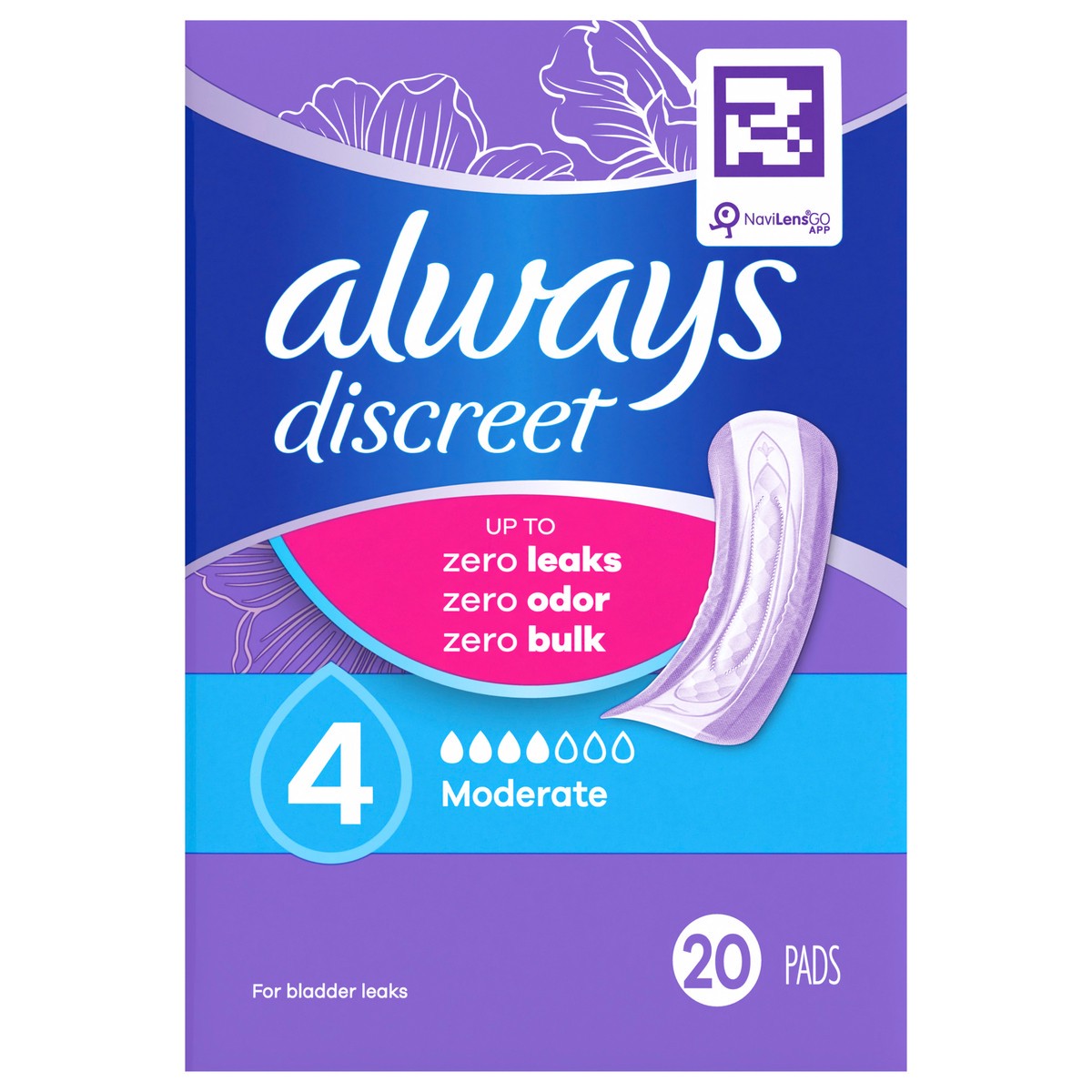 slide 1 of 2, Always Discreet Adult Incontinence Pads for Women, Moderate Absorbency, Regular Length, Postpartum Pads, 20 CT, 20 ct