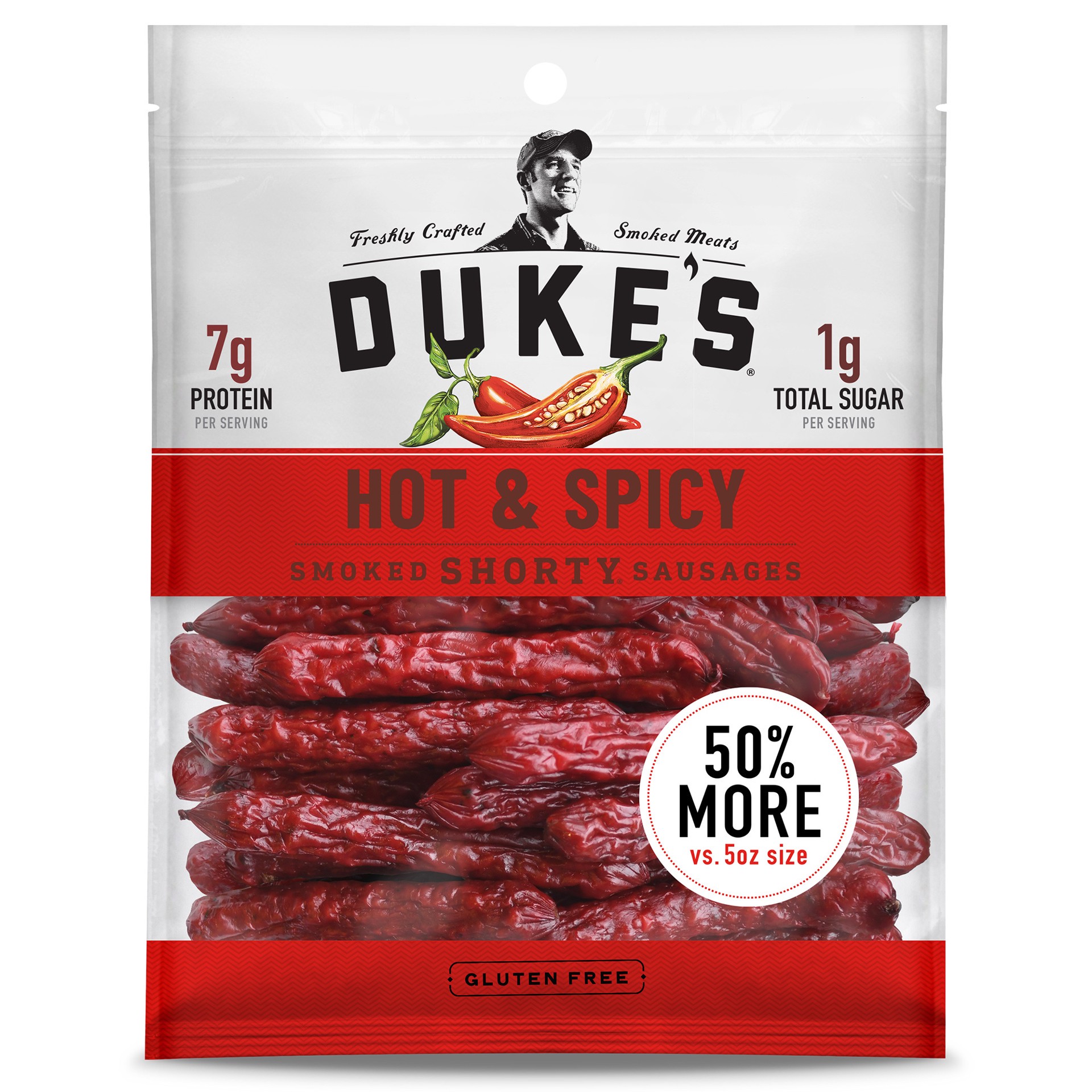 slide 1 of 5, Duke's Hot & Spicy Smoked Shorty Sausages, 7.5 oz