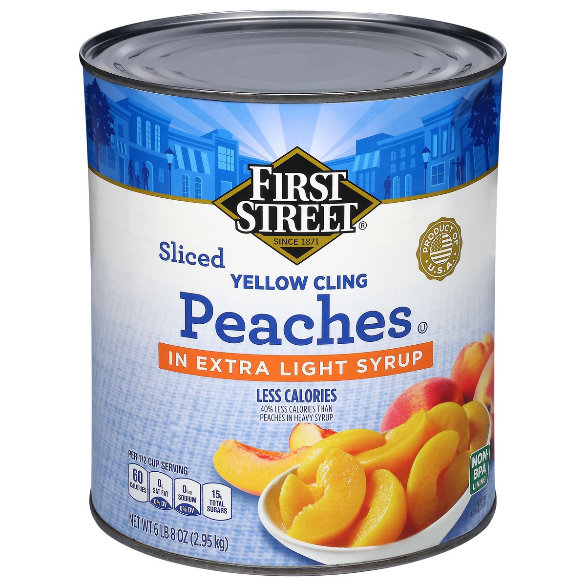 slide 4 of 4, Cb02 First Street Peaches Sliced In Light Syrup, 106 oz