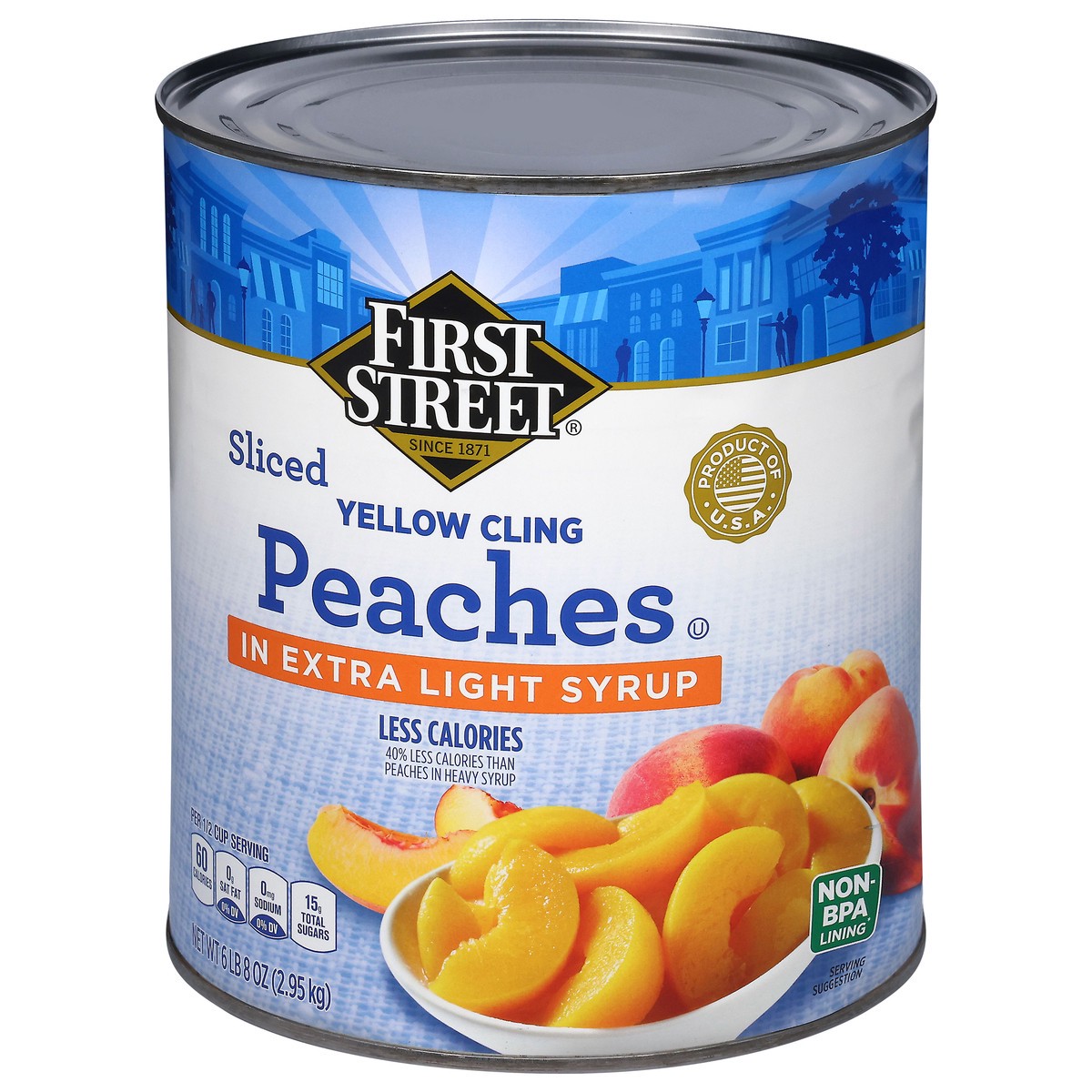 slide 3 of 4, Cb02 First Street Peaches Sliced In Light Syrup, 106 oz