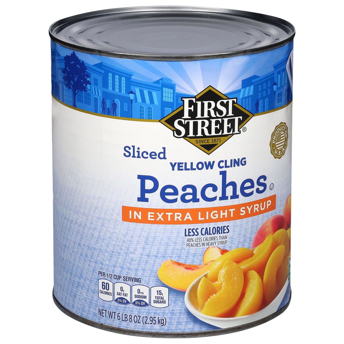 slide 2 of 4, Cb02 First Street Peaches Sliced In Light Syrup, 106 oz