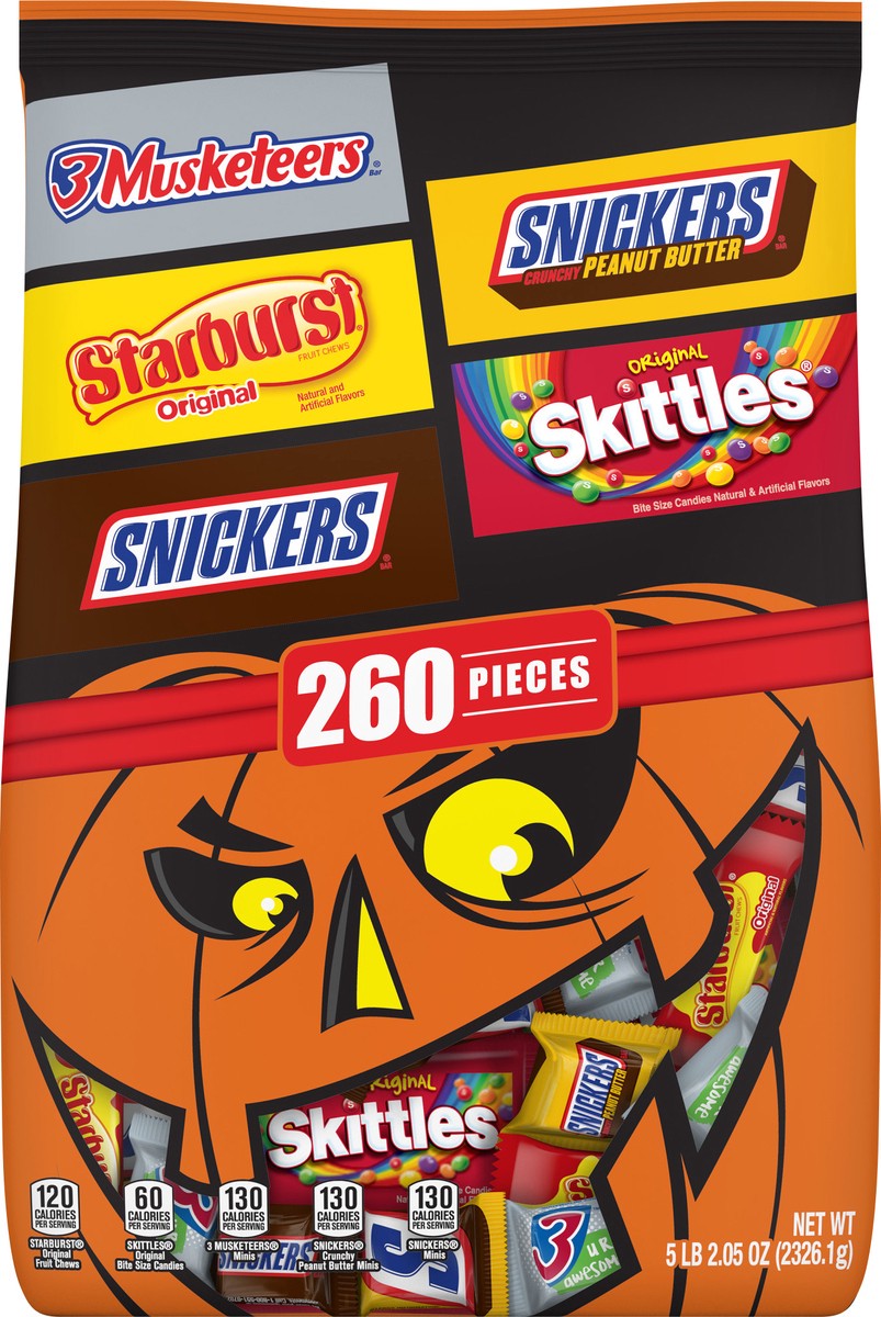 slide 10 of 12, Mixed SNICKERS Original, SNICKERS Peanut Butter, 3 MUSKETEERS, STARBURST, & SKITTLES Fun Size Bulk Halloween Candy Assortment, 82.05 oz, 260-Piece Bag, 82.05 oz