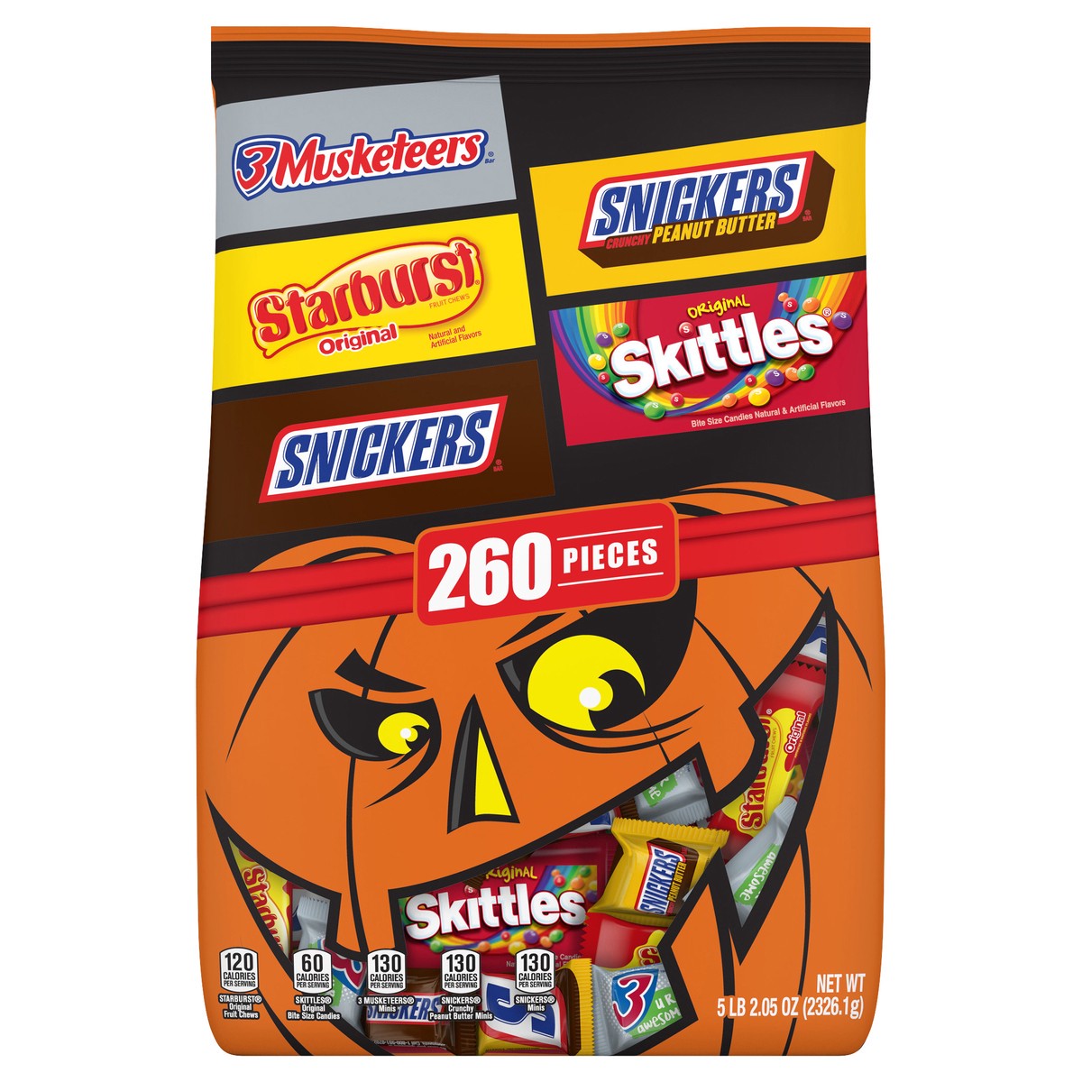 slide 6 of 12, Mixed SNICKERS Original, SNICKERS Peanut Butter, 3 MUSKETEERS, STARBURST, & SKITTLES Fun Size Bulk Halloween Candy Assortment, 82.05 oz, 260-Piece Bag, 82.05 oz