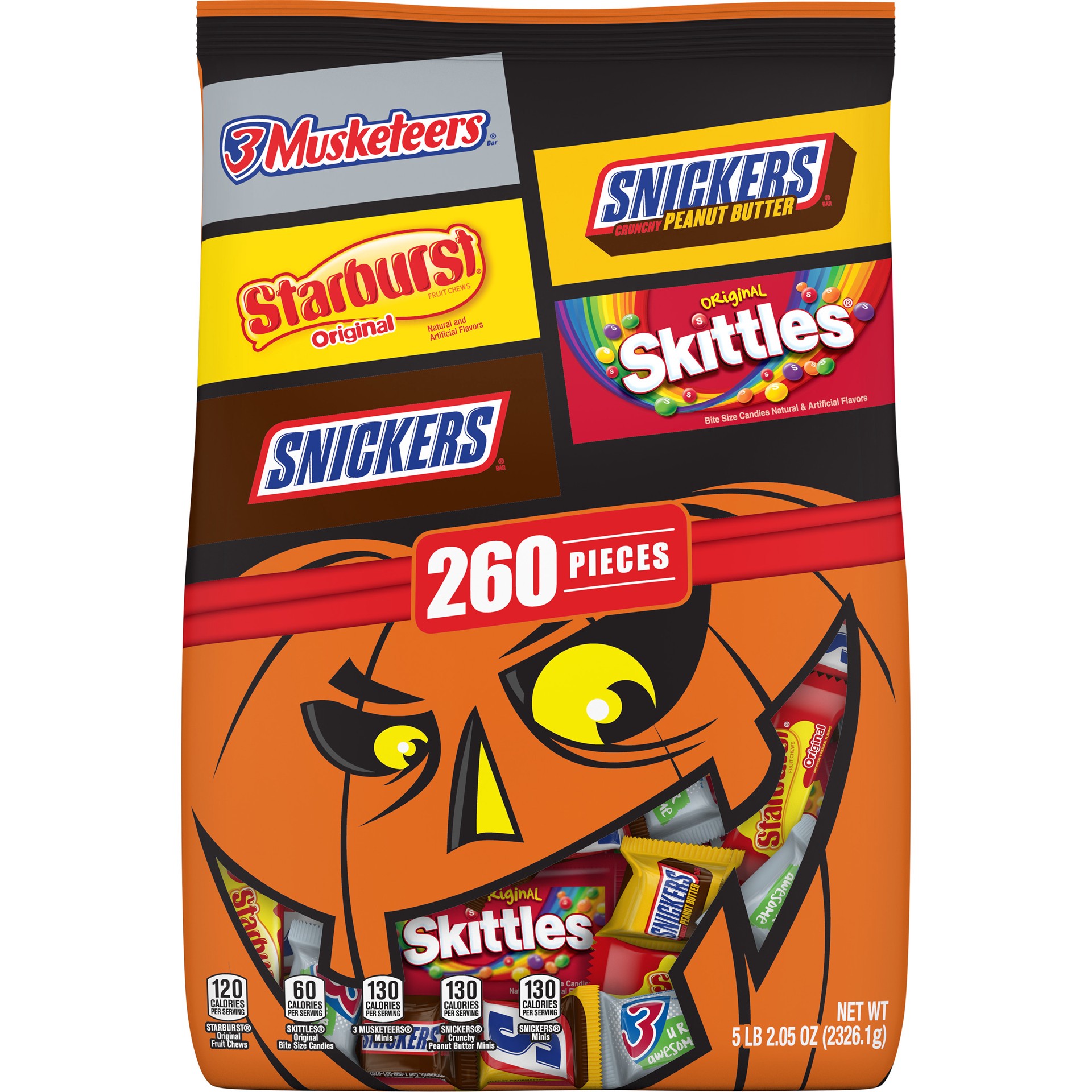 slide 1 of 12, Mixed SNICKERS Original, SNICKERS Peanut Butter, 3 MUSKETEERS, STARBURST, & SKITTLES Fun Size Bulk Halloween Candy Assortment, 82.05 oz, 260-Piece Bag, 82.05 oz