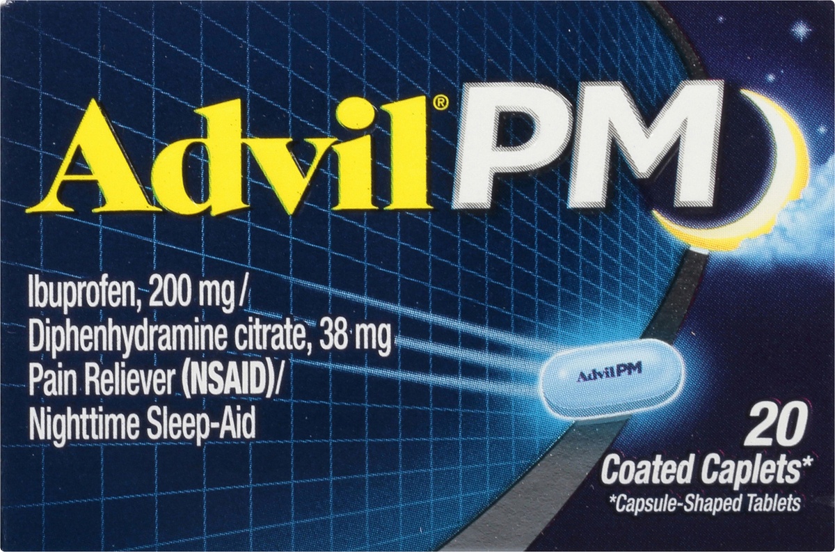 slide 6 of 7, AdvilPM Pain And Nighttime Sleep Aid Caplets - Ibuprofen (NSAID), 20 ct