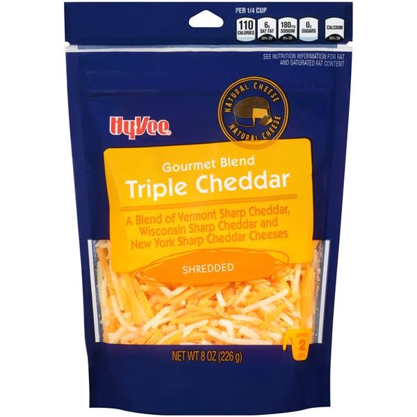 slide 1 of 1, Hy-vee Gourmet Blend Triple Cheddar A Blend Of Vermont Sharp Cheddar, Wisconsin Sharp Cheddar And New York Sharp Cheddar Shredded Cheeses, 8 oz