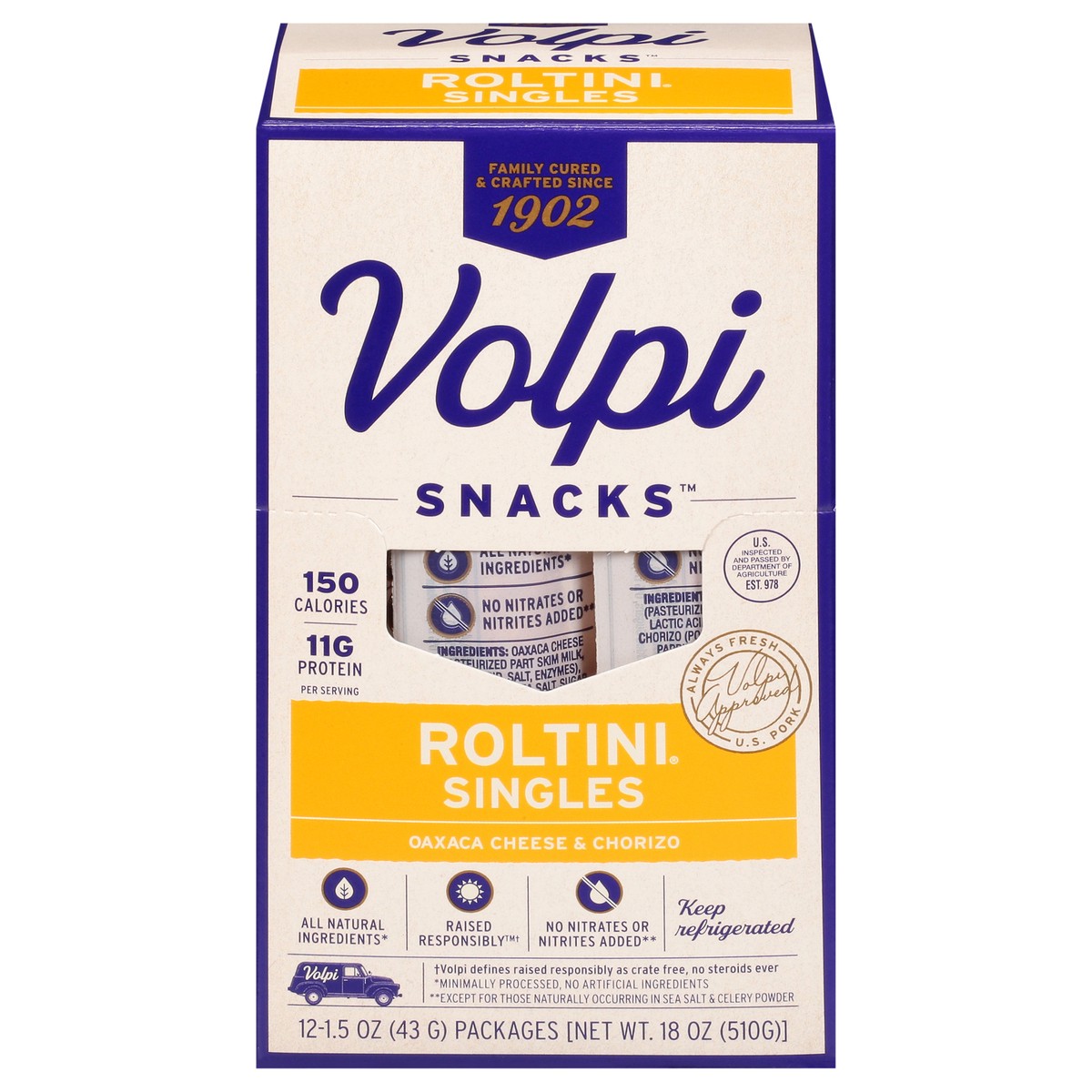 slide 1 of 13, Volpi Keto-Friendly Volpi Roltini Singles with Oaxaca & Chorizo 1.5 oz, 12 ct