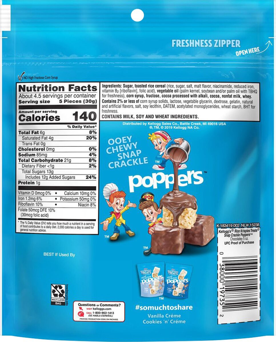 slide 6 of 6, Rice Krispies Treats Snap, Crackle, Poppers Crispy Marshmallow Squares Chocolatey, 5 oz, 5 oz