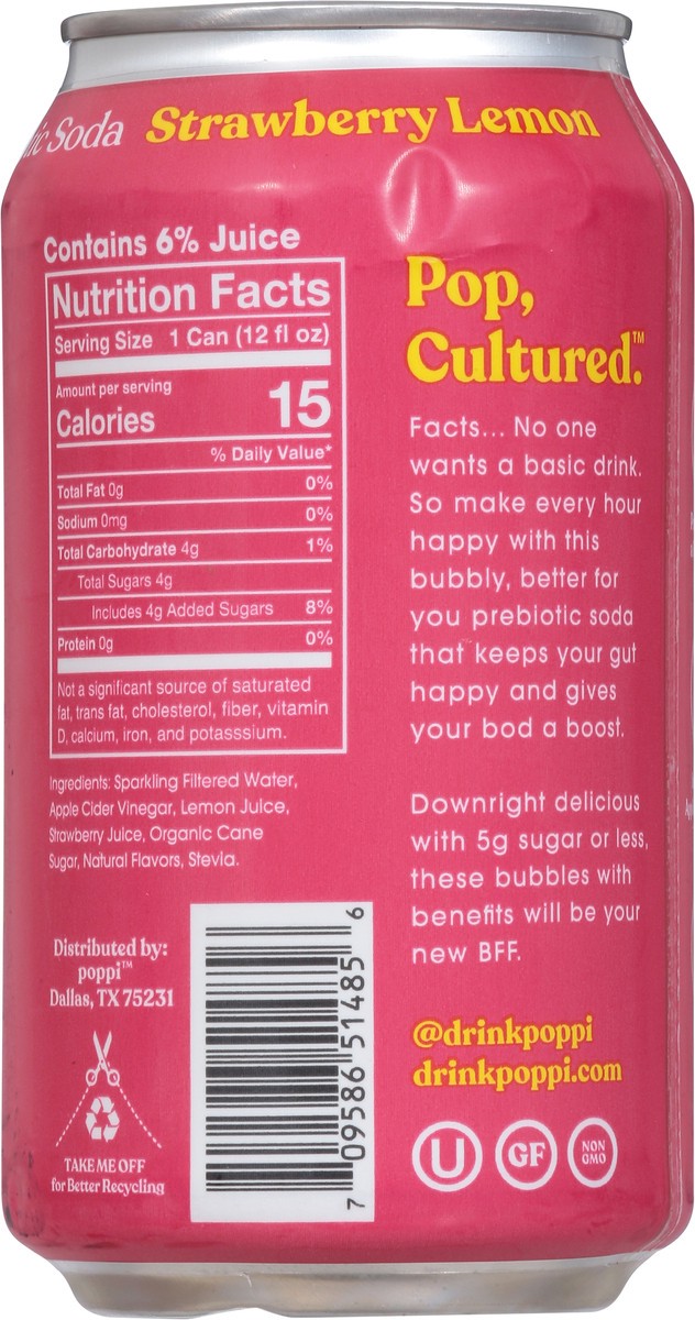 slide 5 of 9, poppi Strawberry Lemon Prebiotic Soda Can, 12oz, 12 oz