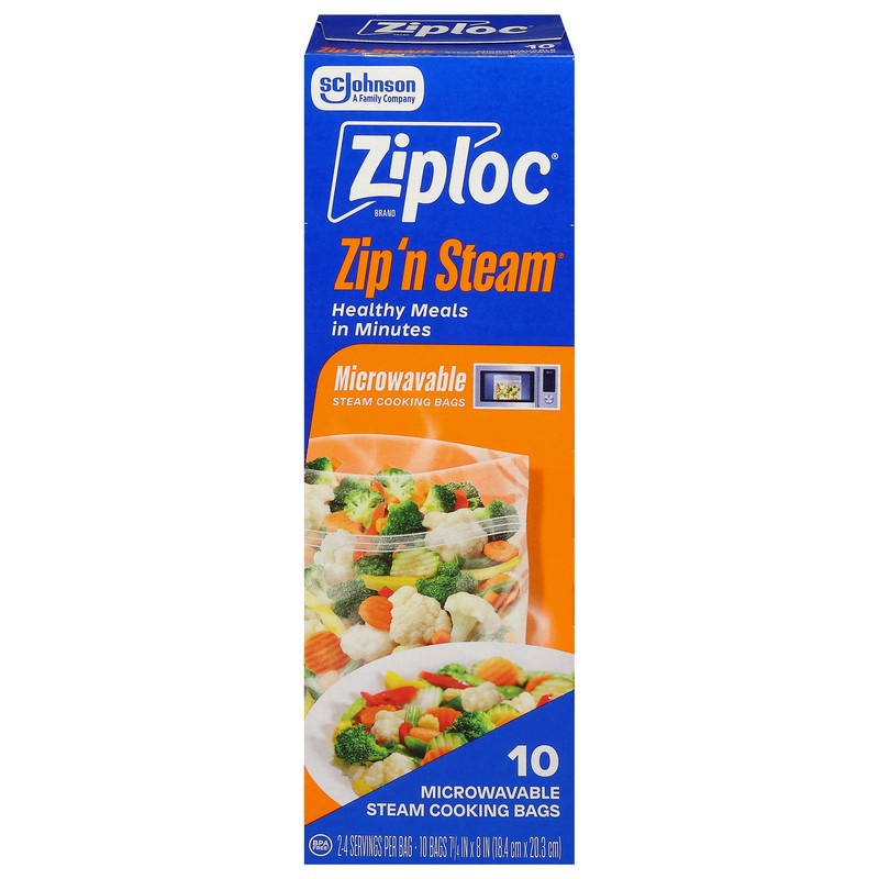 slide 1 of 4, Ziploc Brand Zip’n Steam Food Steamer Bags, Seal Top Closure, 10 count, 10 ct