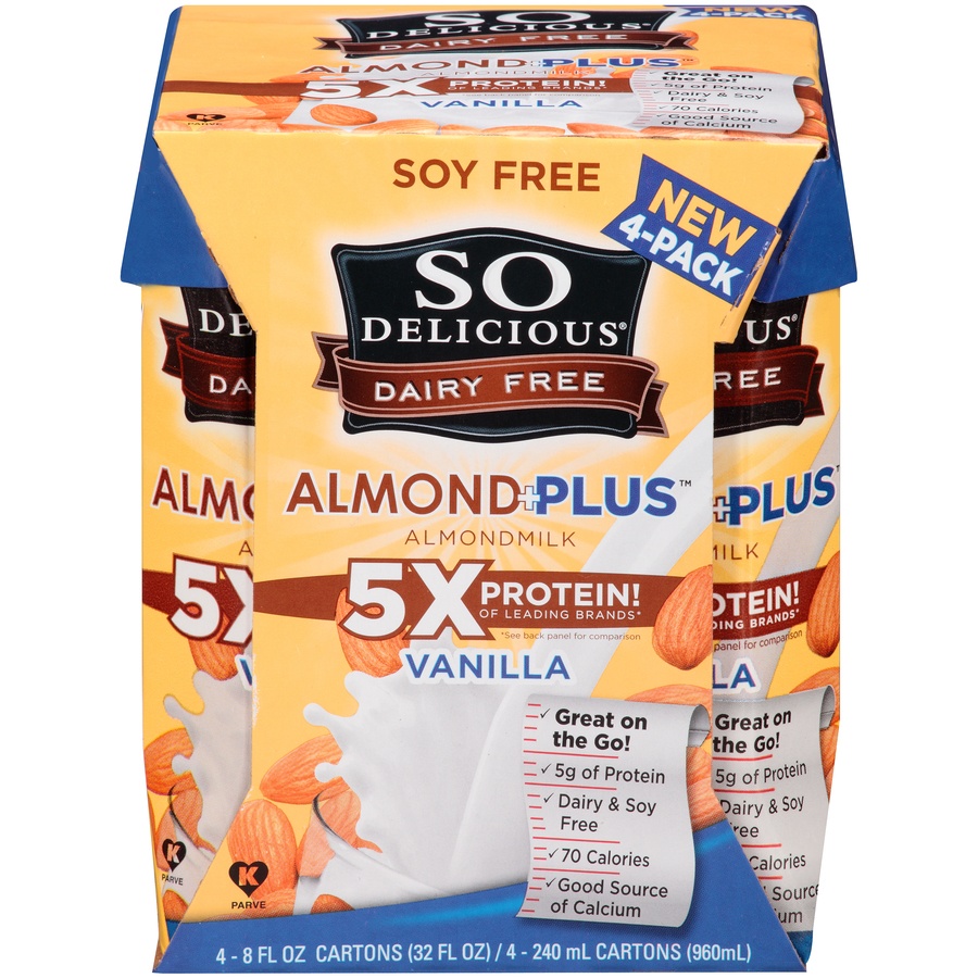 slide 1 of 8, So Delicious Dairy Free Almond Milk Protein Plus Vanilla 48 fl. oz. Cartons, 4 ct; 8 fl oz