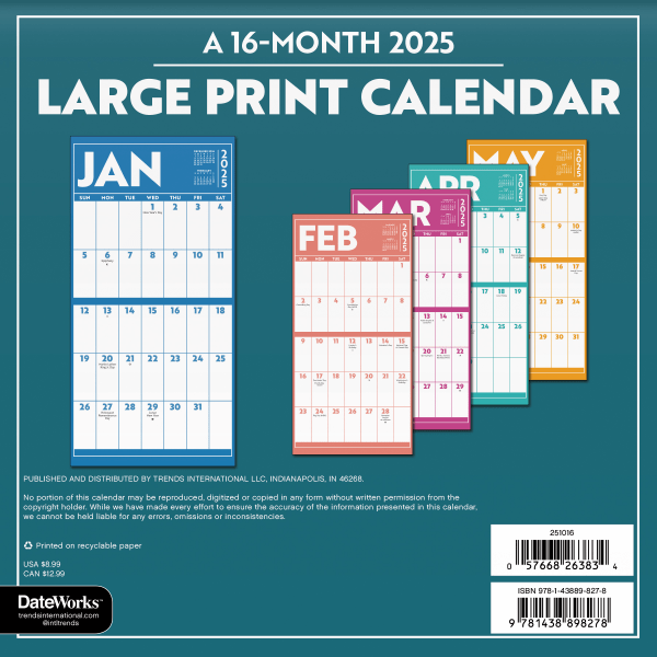 slide 6 of 6, Dateworks 2025 Large Print 16 Month Wall Calendar by Trends International, 1 ct