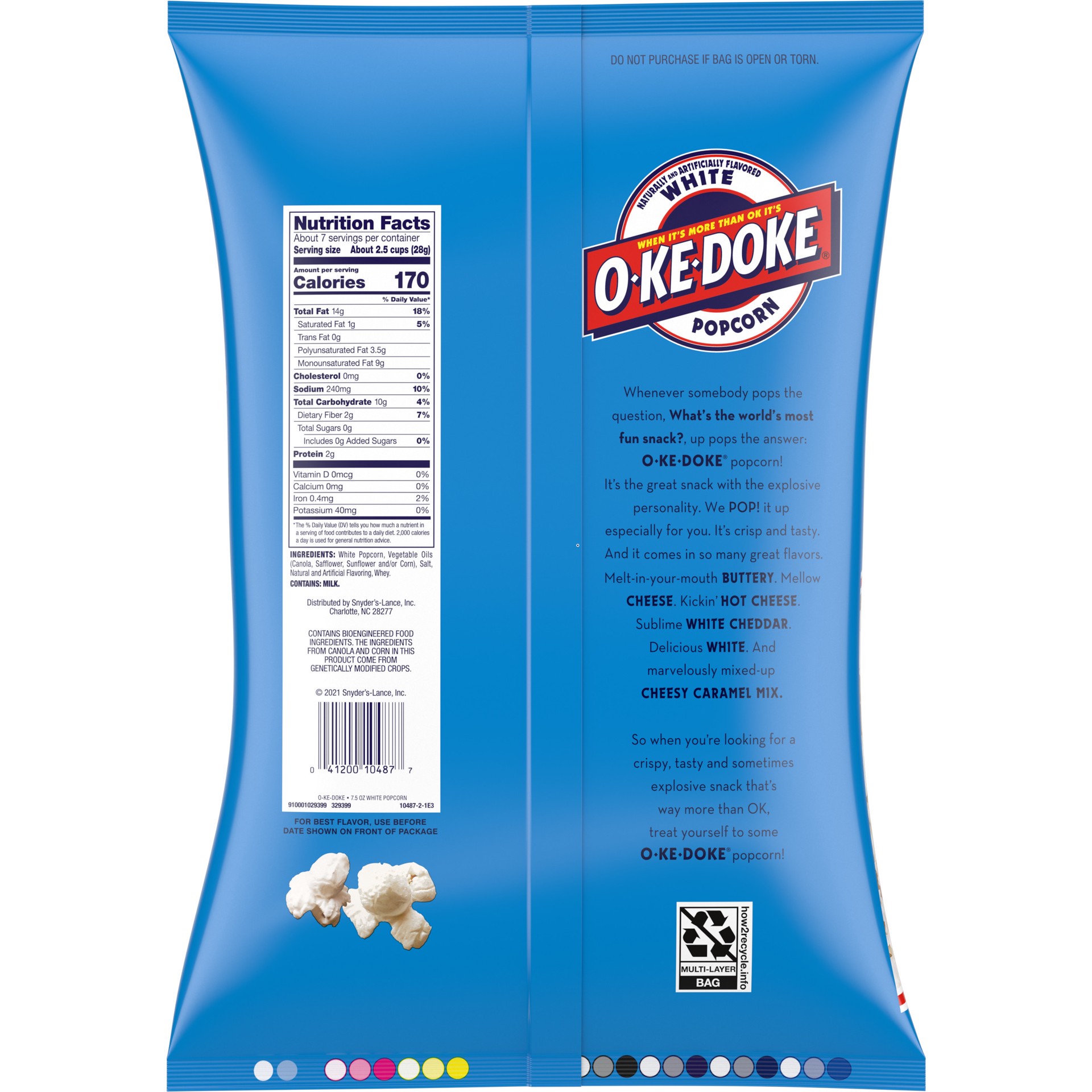 slide 3 of 5, O-Ke-Doke Popcorn, White Popcorn, 7.5 Oz Bag, 7.5 oz